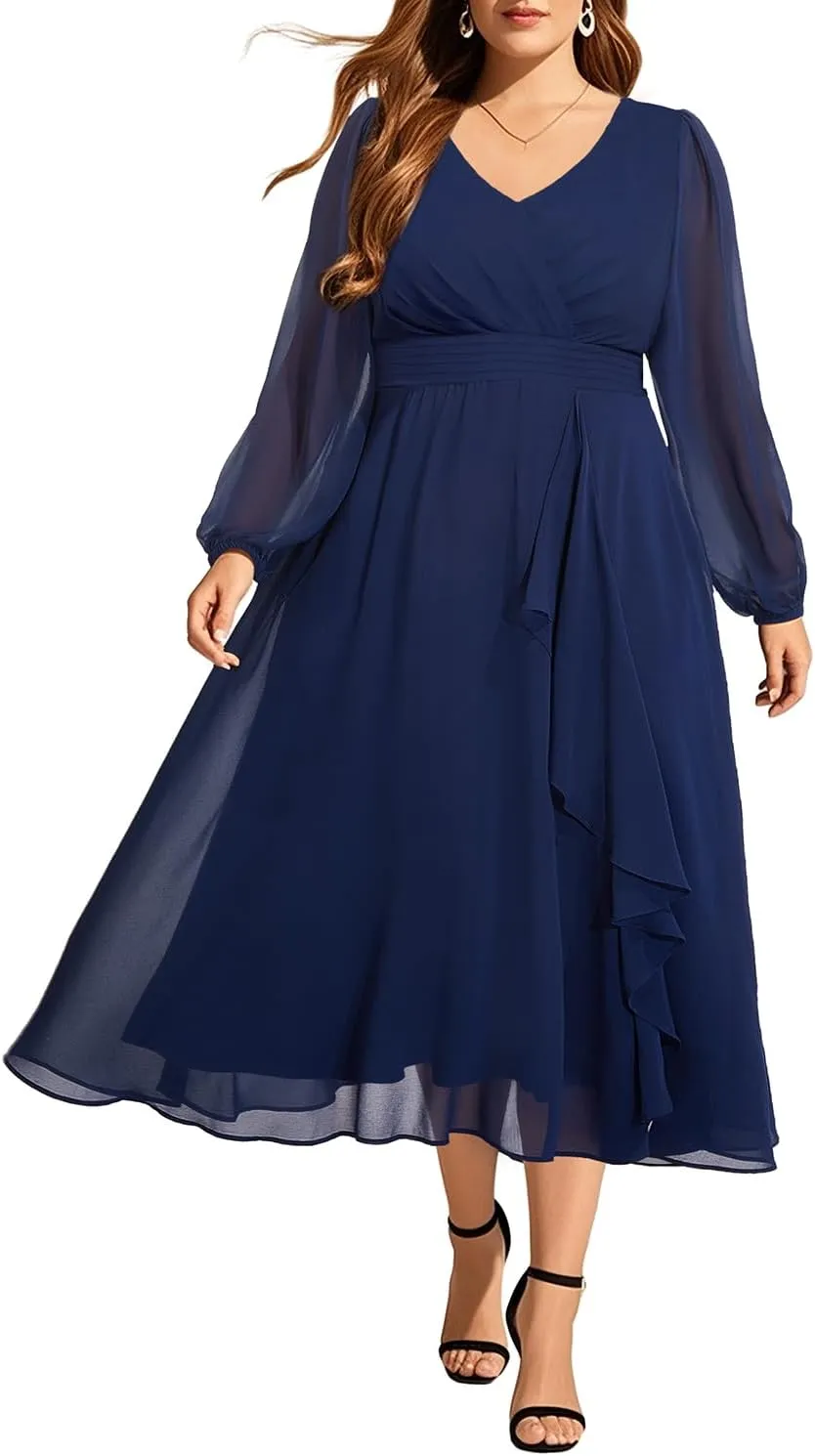Pinup Fashion Plus Size Dresses for Wedding Guest - 2025 Formal Long Sleeve Chiffon Fall Midi Dress
