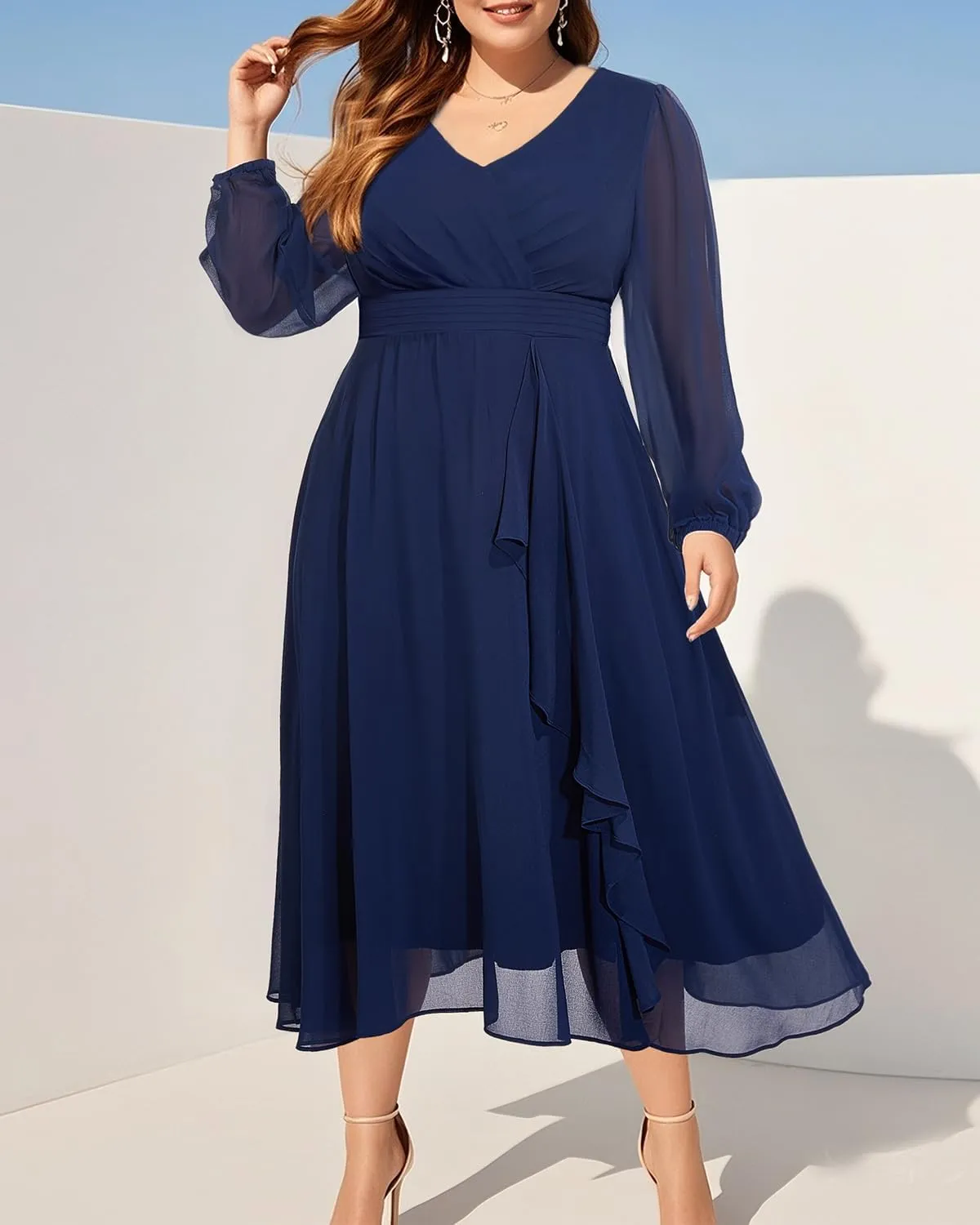 Pinup Fashion Plus Size Dresses for Wedding Guest - 2025 Formal Long Sleeve Chiffon Fall Midi Dress