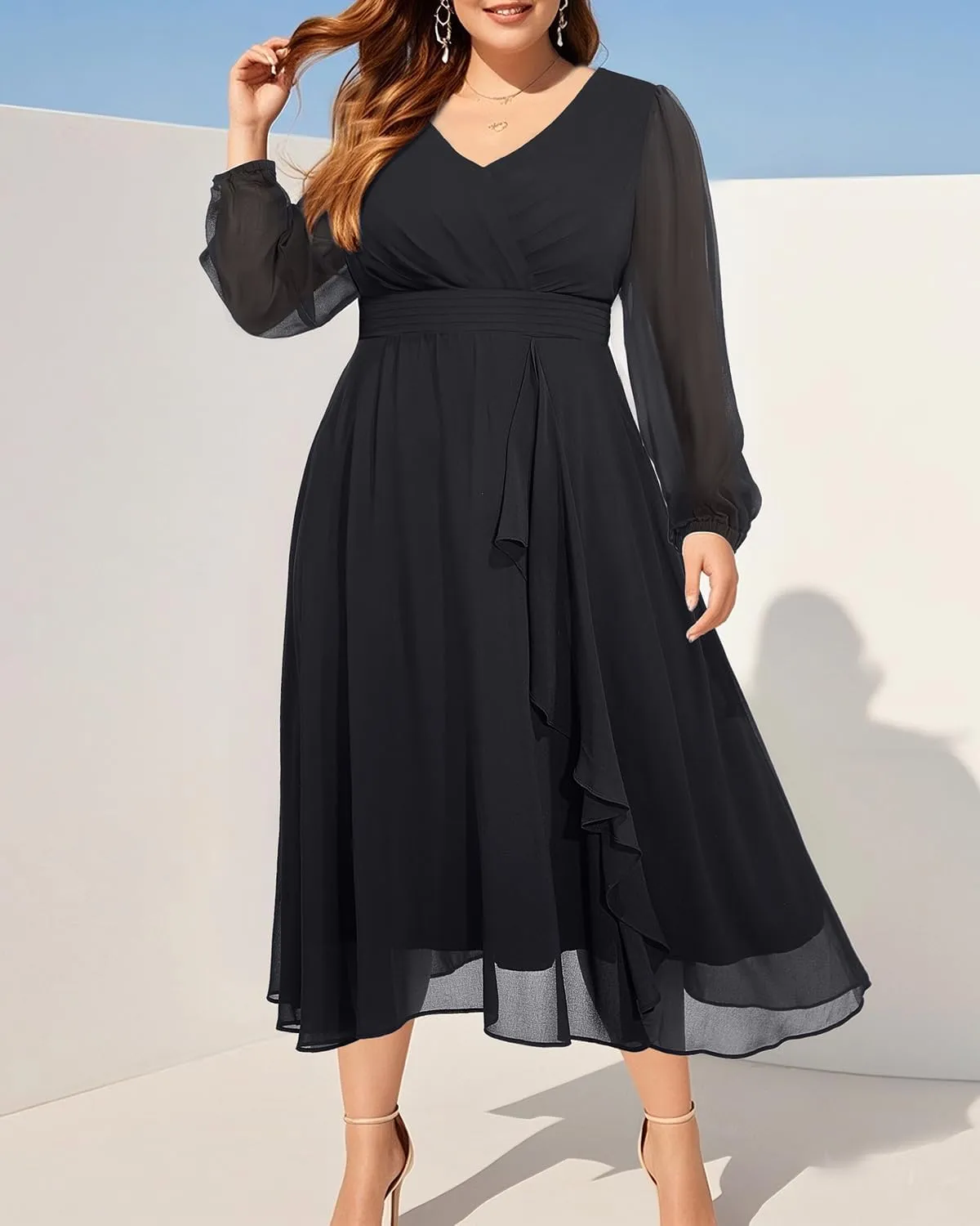 Pinup Fashion Plus Size Dresses for Wedding Guest - 2025 Formal Long Sleeve Chiffon Fall Midi Dress