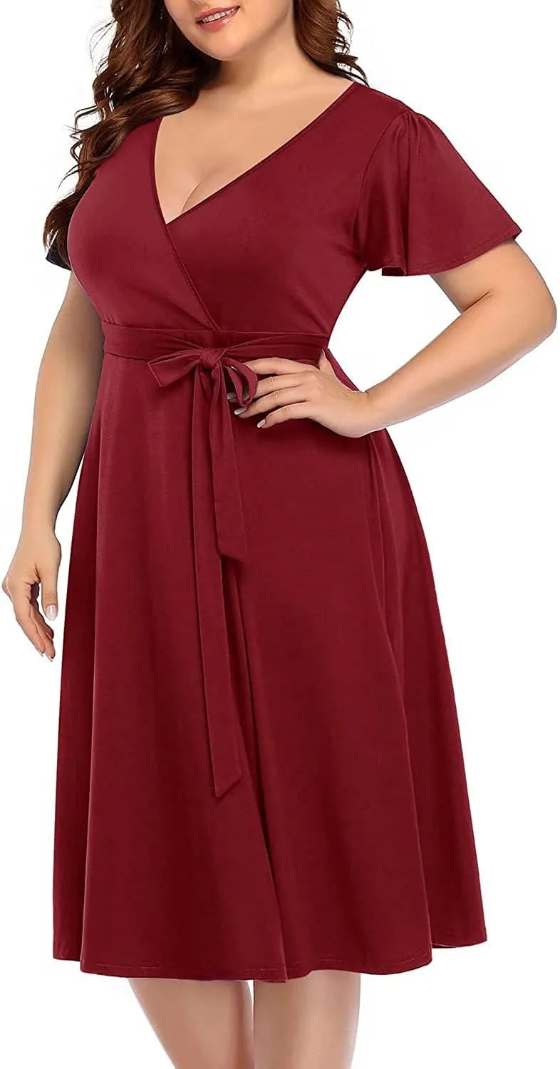 Pinup Fashion Women Plus Size Dresses Wedding Guest - Semi Formal Cocktail Wrap Empire Waist Midi Dress