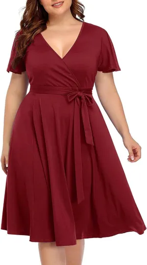 Pinup Fashion Women Plus Size Dresses Wedding Guest - Semi Formal Cocktail Wrap Empire Waist Midi Dress