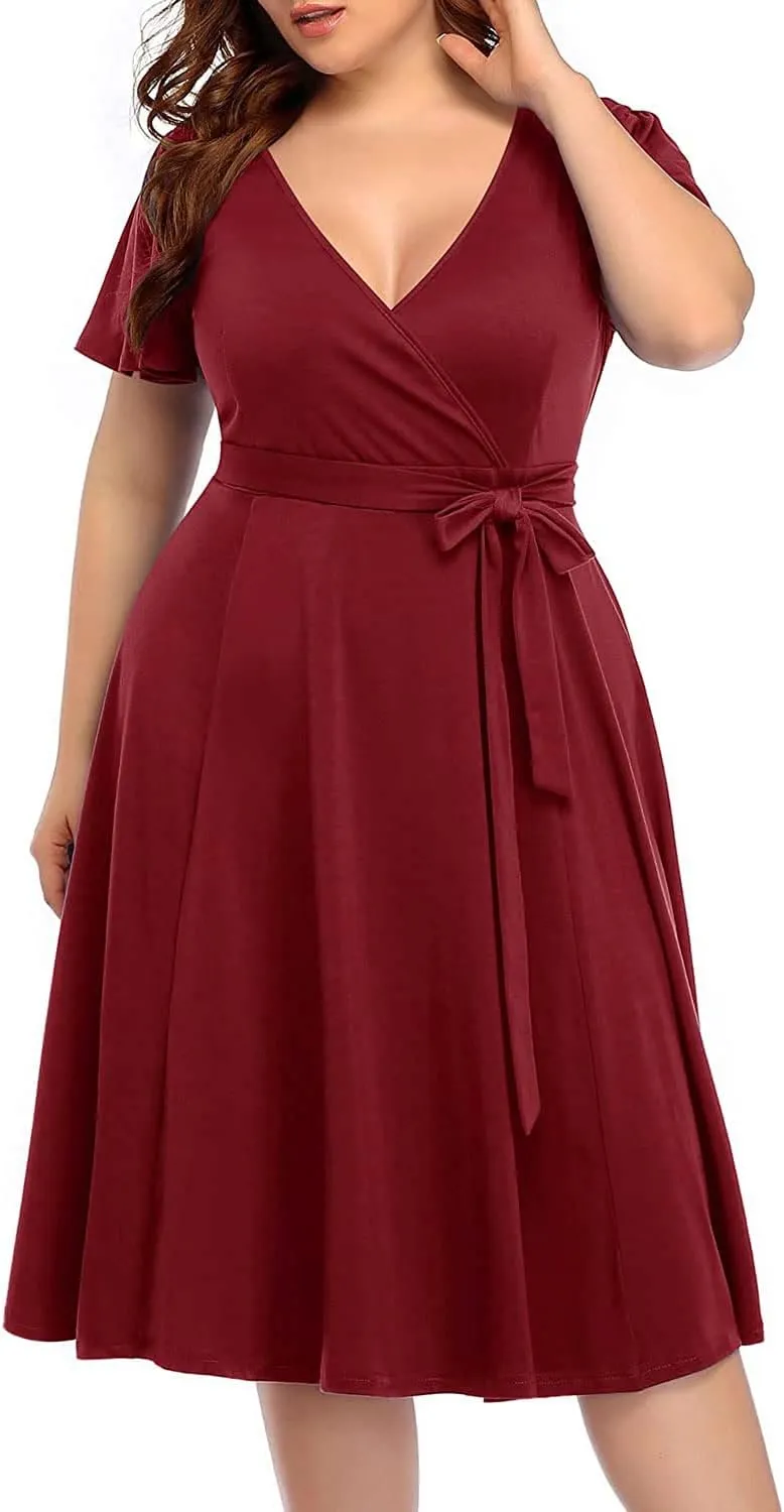 Pinup Fashion Women Plus Size Dresses Wedding Guest - Semi Formal Cocktail Wrap Empire Waist Midi Dress