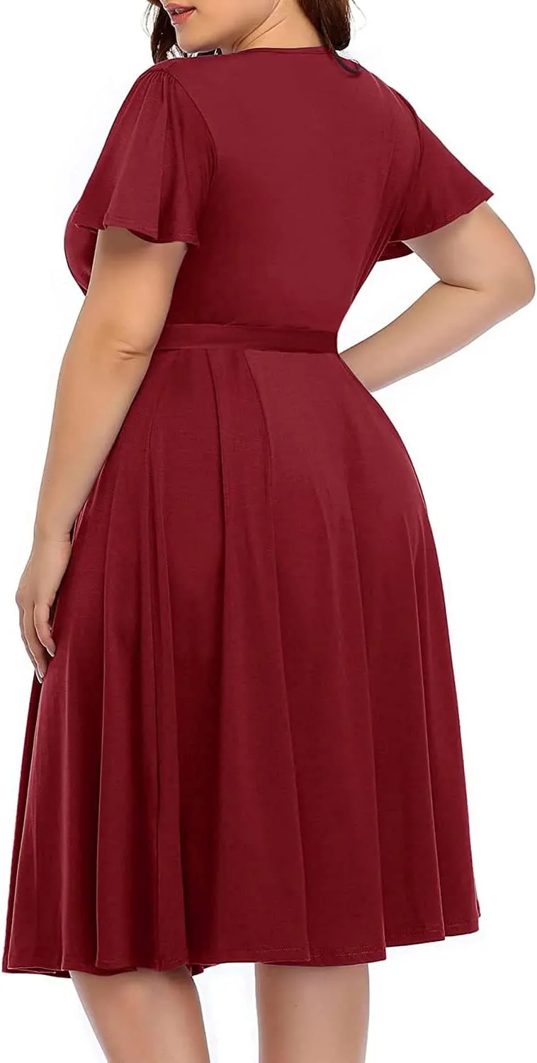 Pinup Fashion Women Plus Size Dresses Wedding Guest - Semi Formal Cocktail Wrap Empire Waist Midi Dress