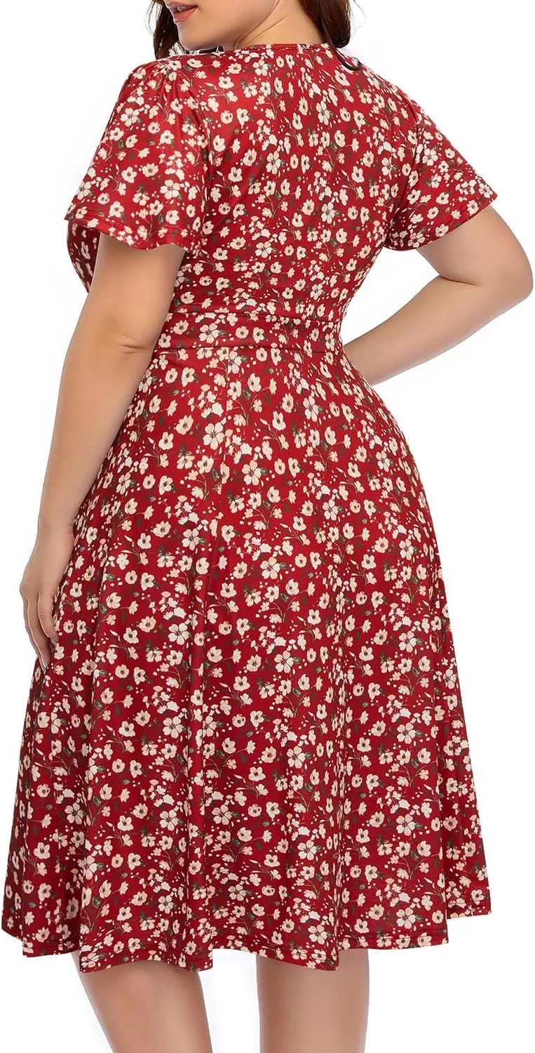 Pinup Fashion Women Plus Size Dresses Wedding Guest - Semi Formal Cocktail Wrap Empire Waist Midi Dress