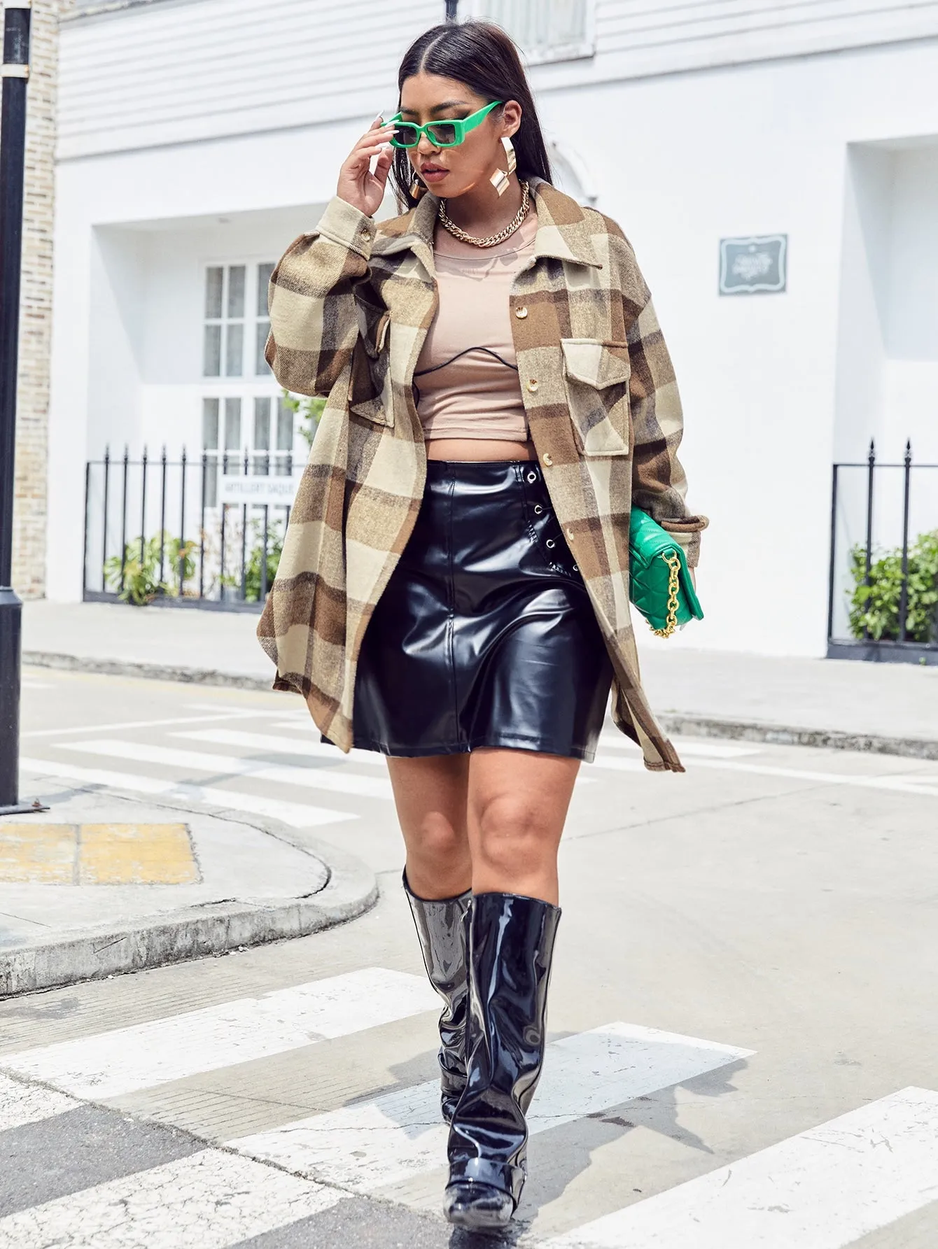 Plaid Button Front Long Sleeve Collar Short Plus Size Coat