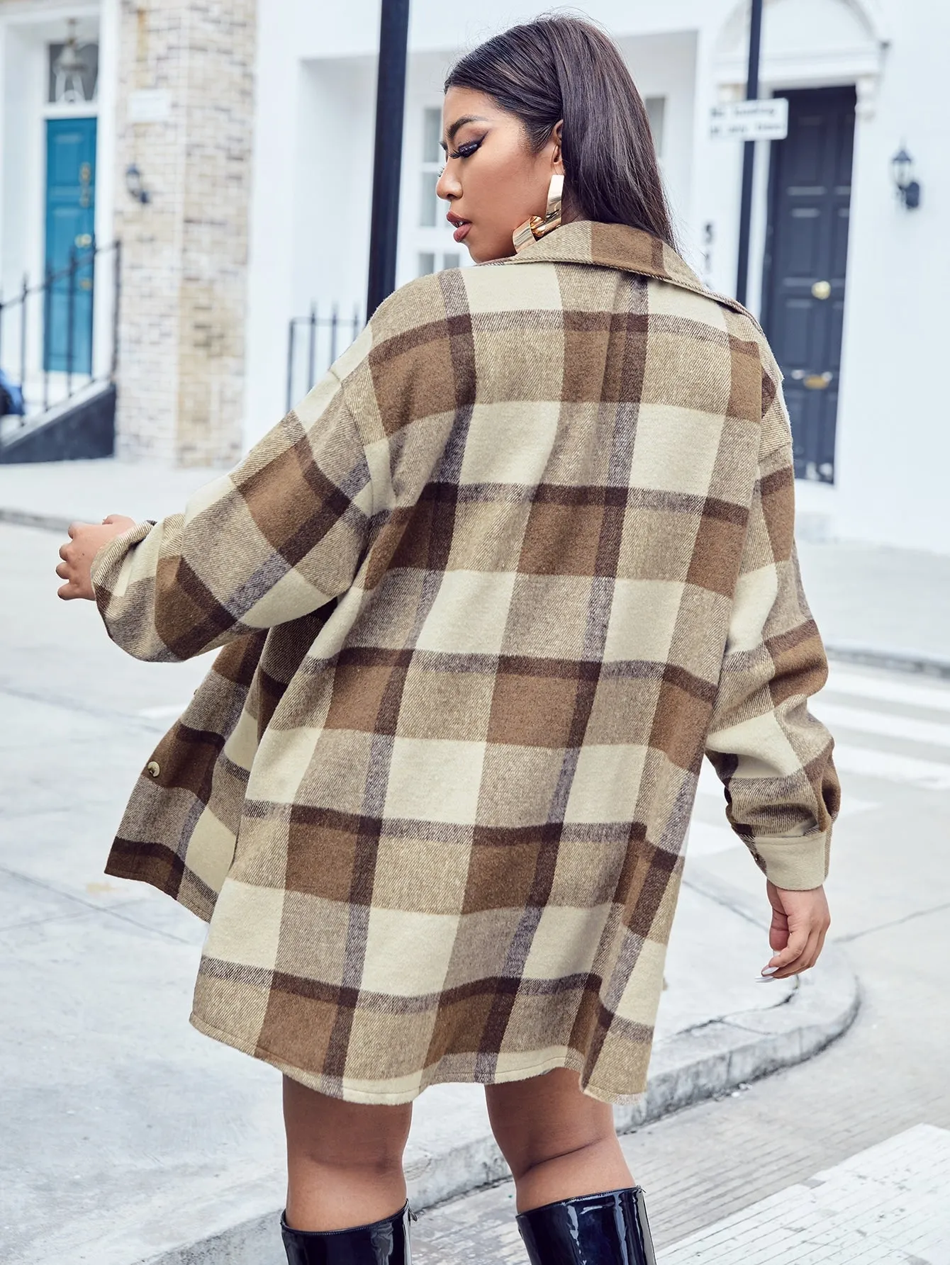 Plaid Button Front Long Sleeve Collar Short Plus Size Coat
