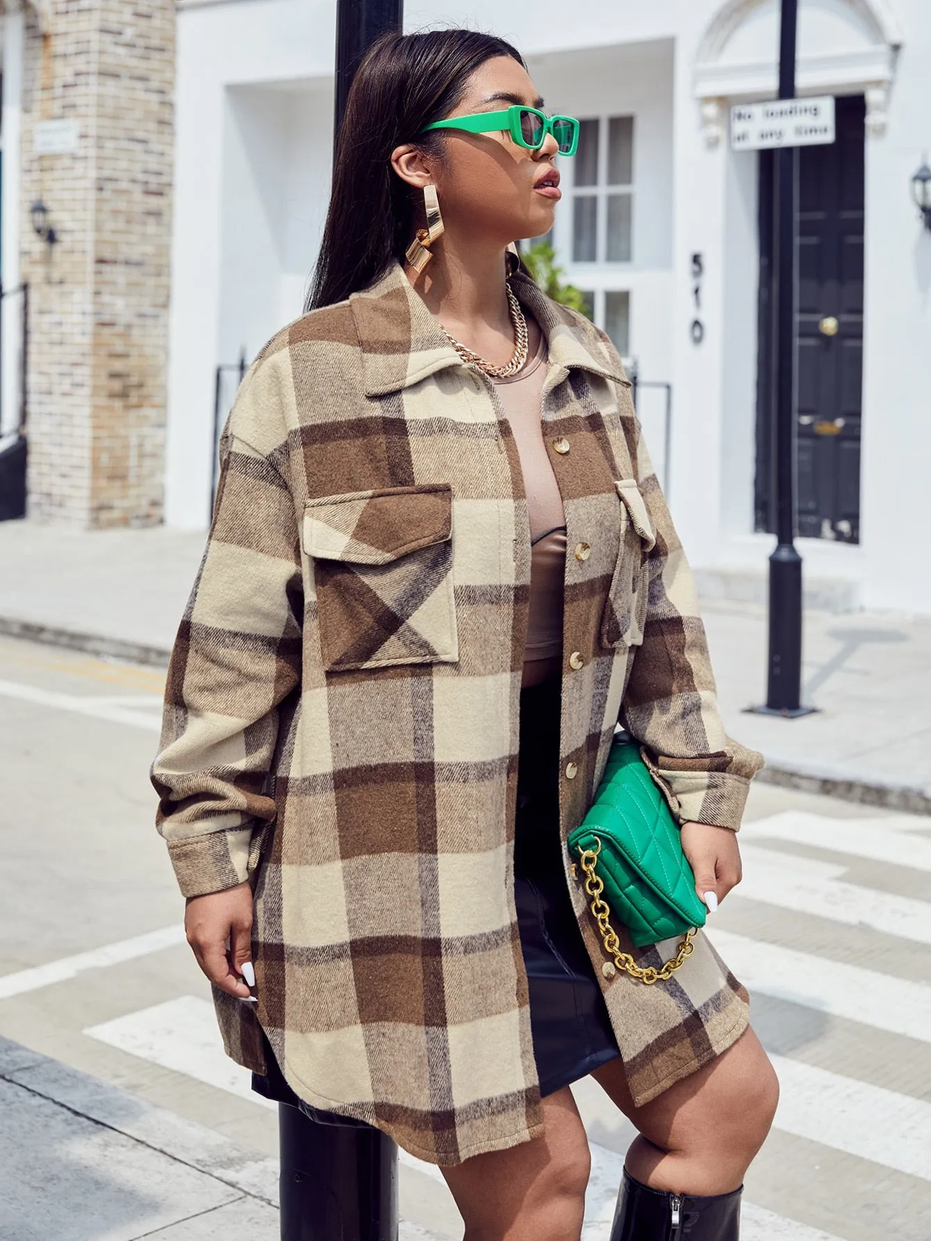 Plaid Button Front Long Sleeve Collar Short Plus Size Coat