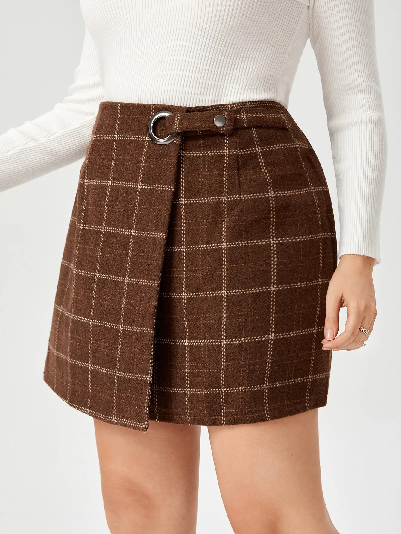 Plaid Button Short Plus Size Skirt
