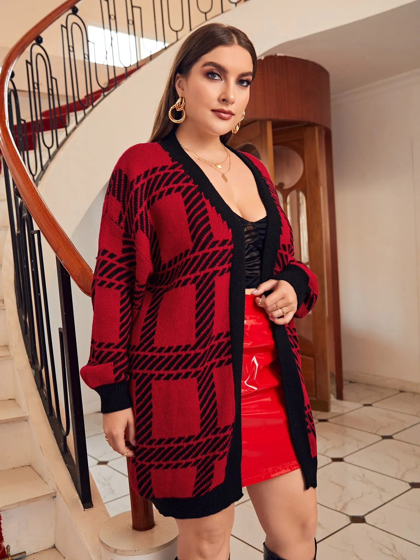 Plaid Long Sleeve Short Plus Size Cardigan