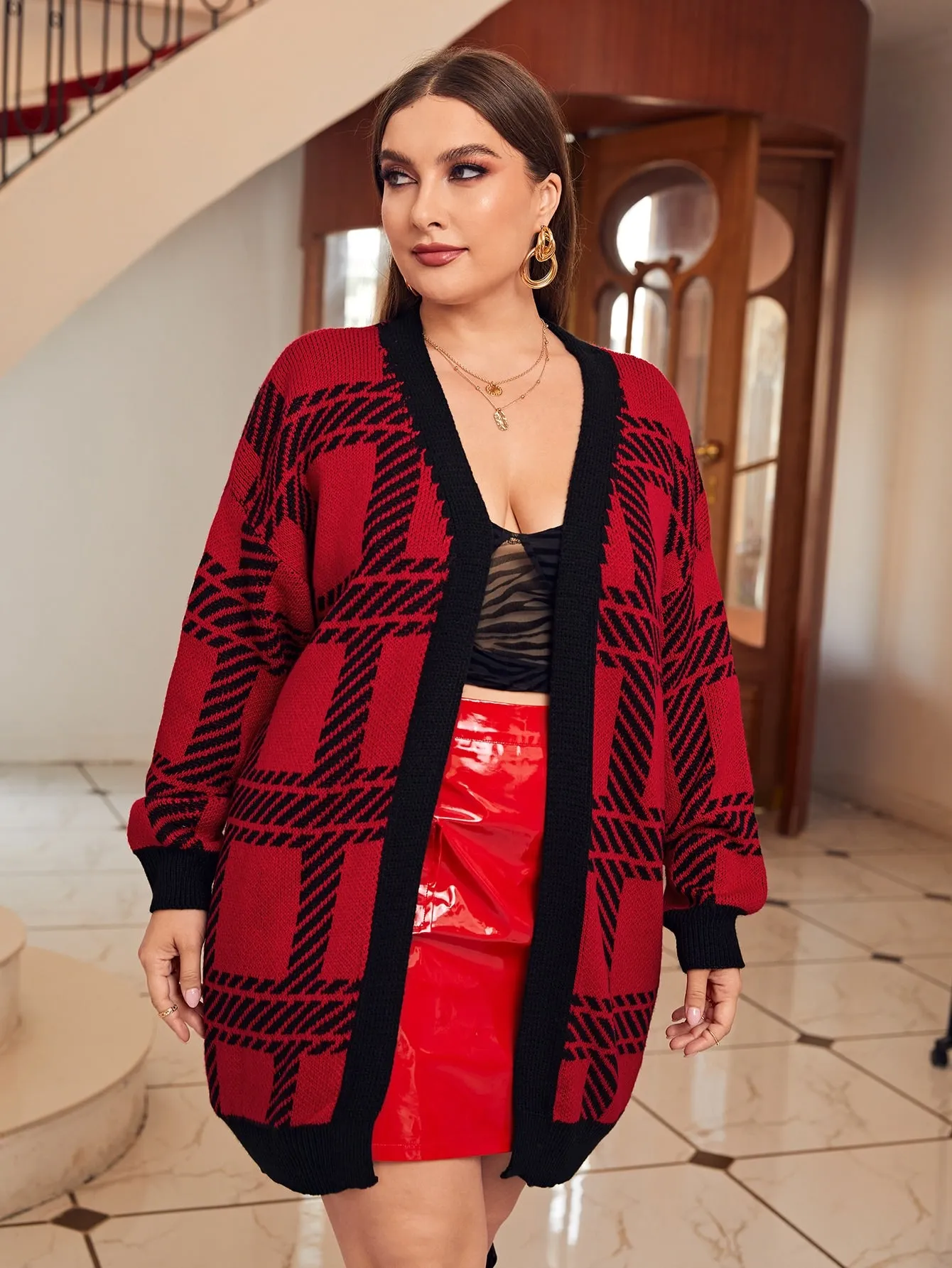 Plaid Long Sleeve Short Plus Size Cardigan