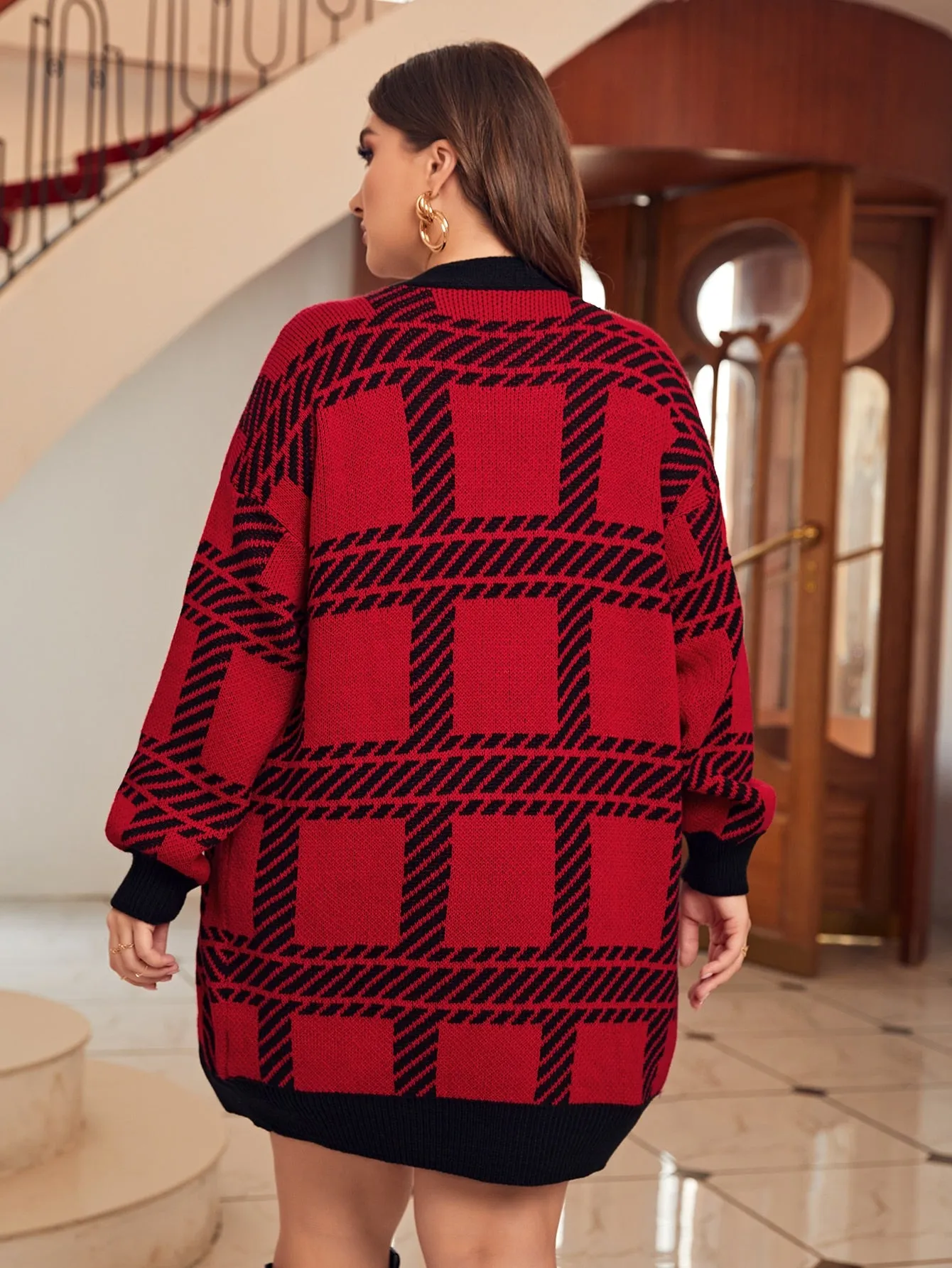 Plaid Long Sleeve Short Plus Size Cardigan