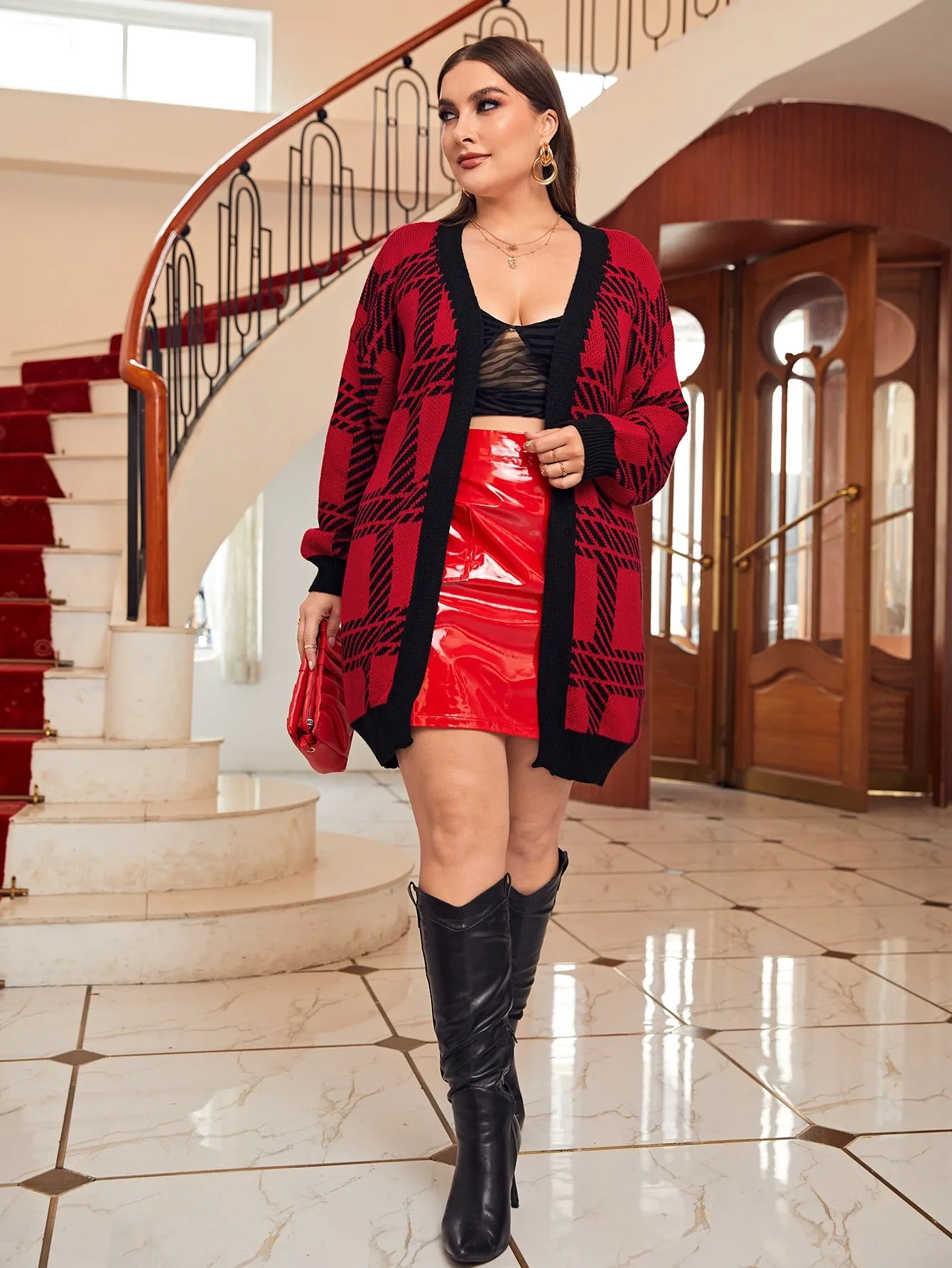 Plaid Long Sleeve Short Plus Size Cardigan