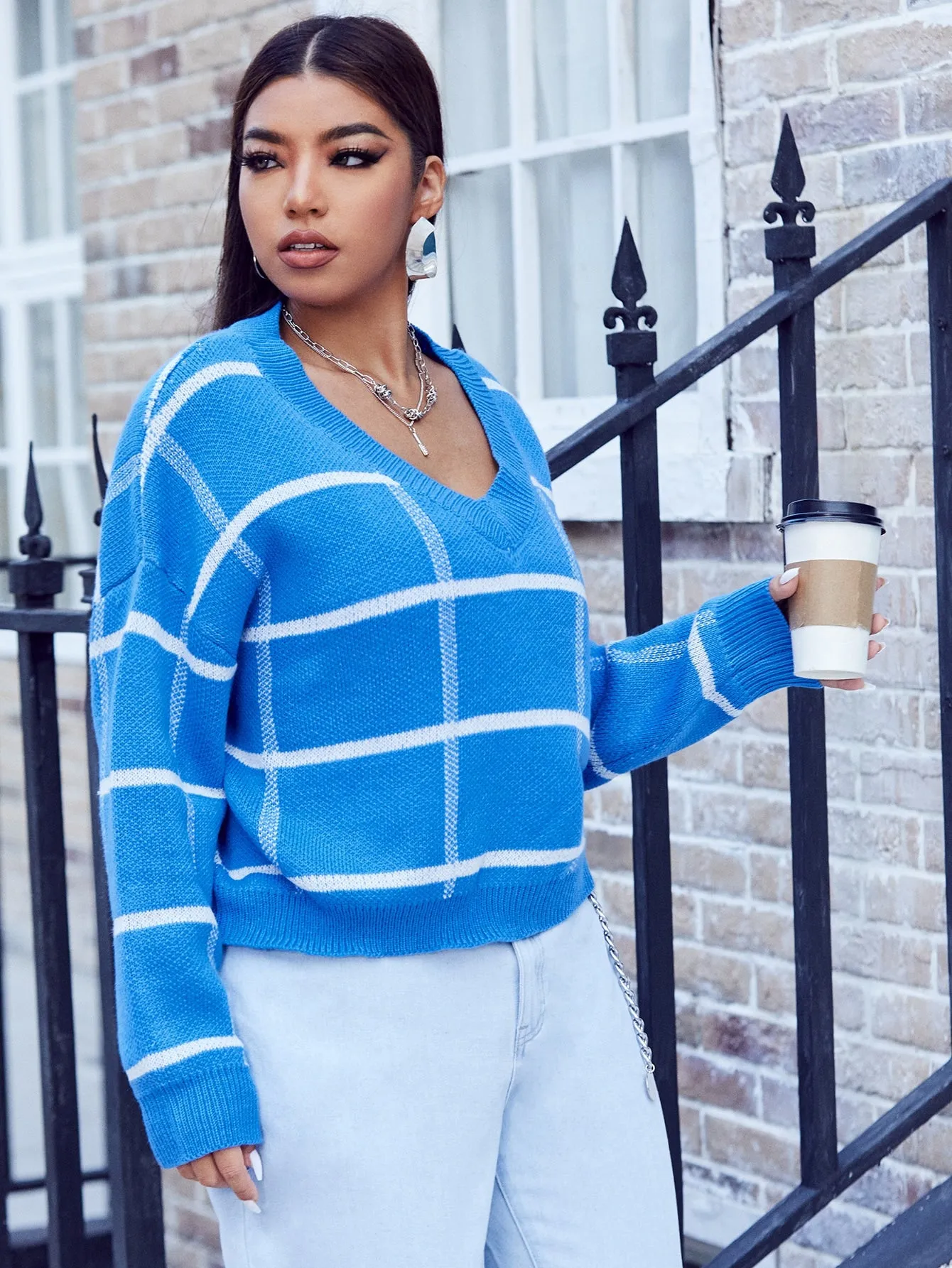 Plaid Long Sleeve V Neck Regular Plus Size Sweater