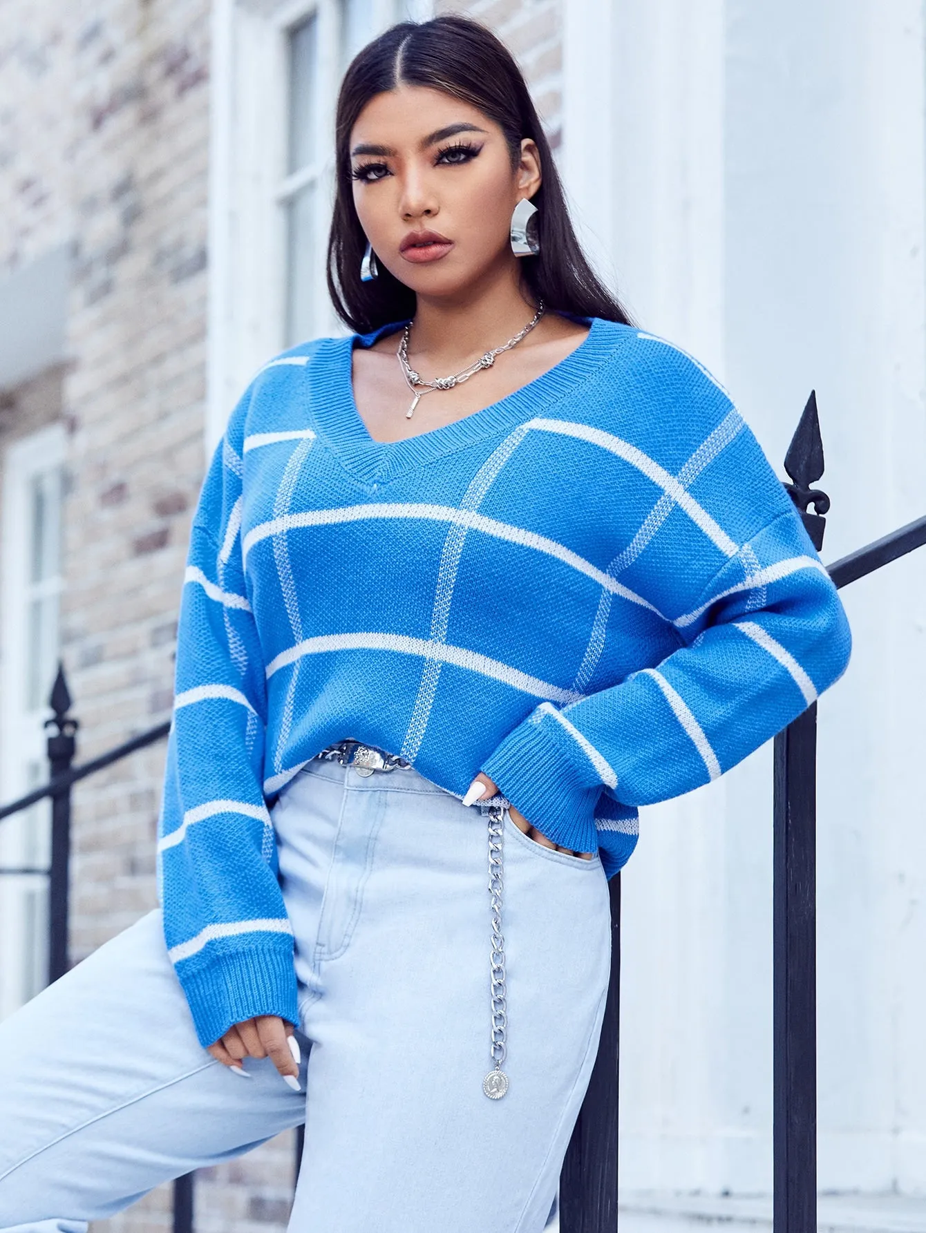 Plaid Long Sleeve V Neck Regular Plus Size Sweater