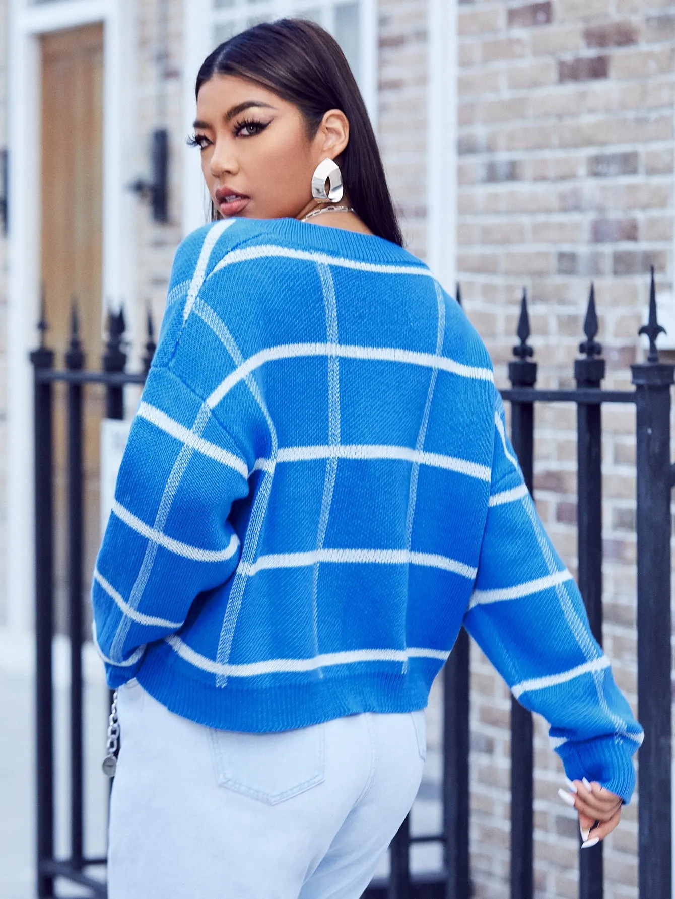 Plaid Long Sleeve V Neck Regular Plus Size Sweater