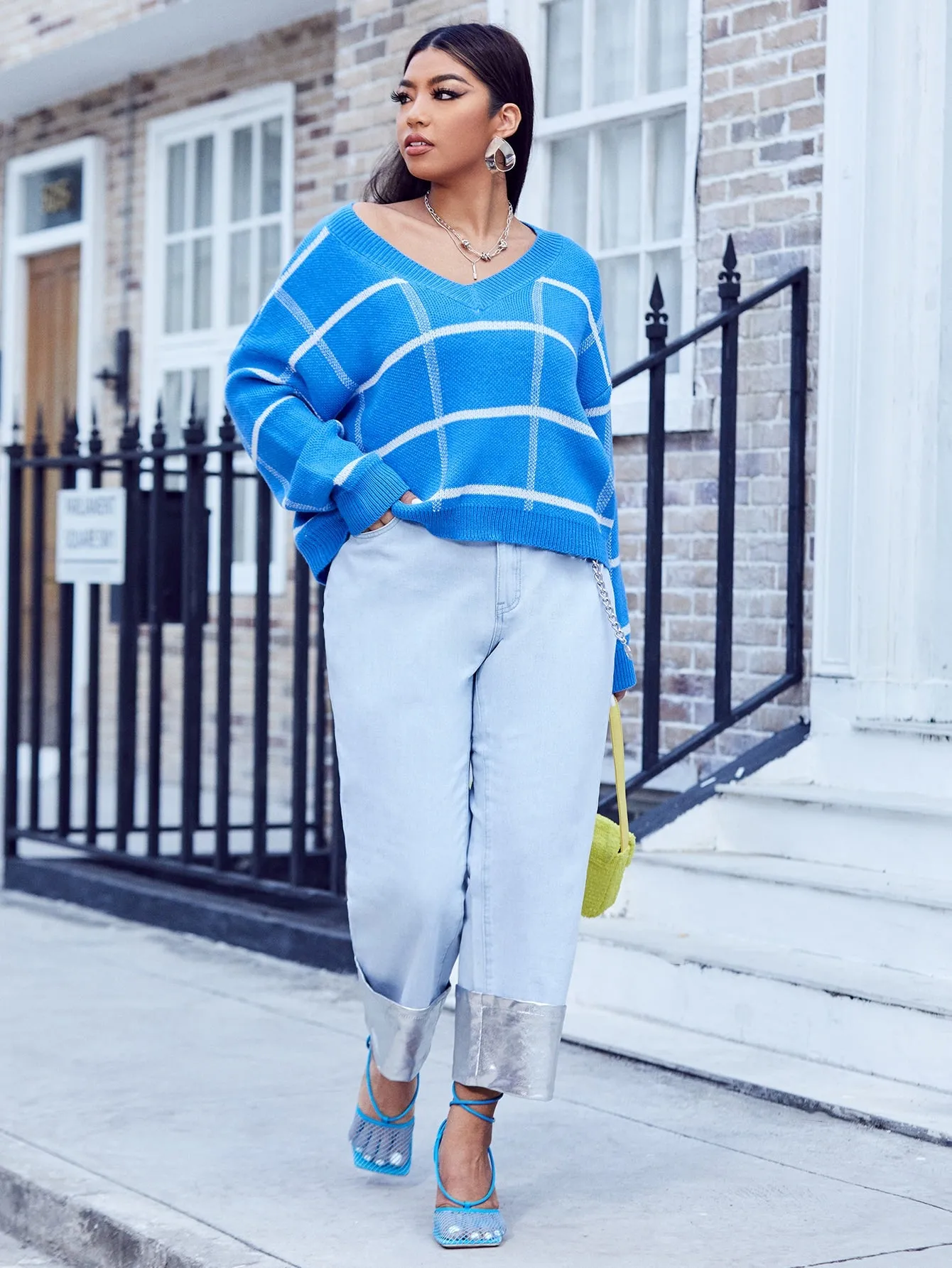 Plaid Long Sleeve V Neck Regular Plus Size Sweater