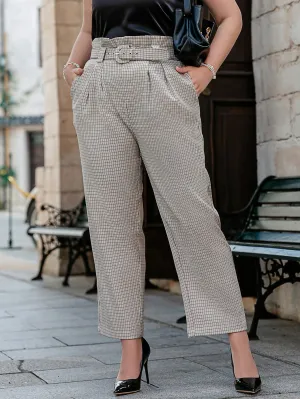 Plaid Paper Bag Waist Cropped Plus Size Pants
