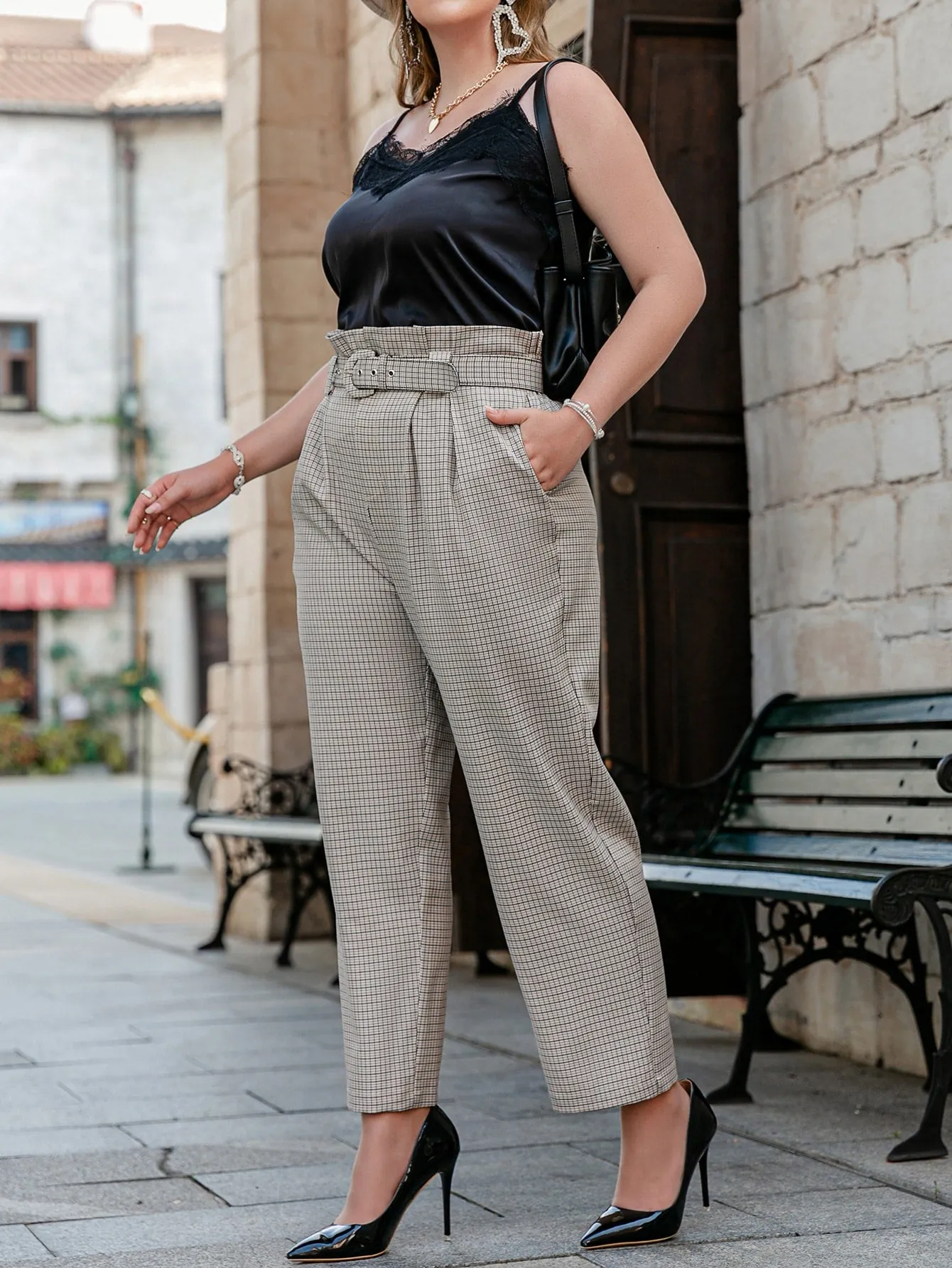 Plaid Paper Bag Waist Cropped Plus Size Pants
