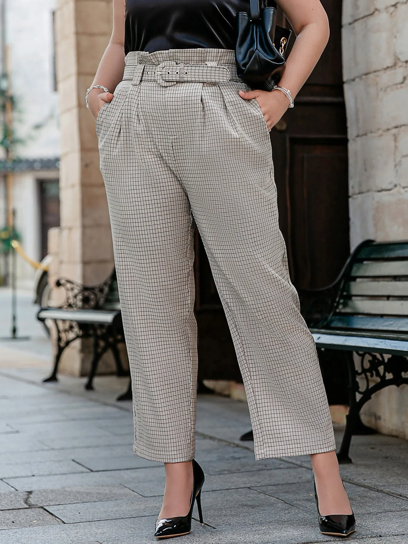 Plaid Paper Bag Waist Cropped Plus Size Pants