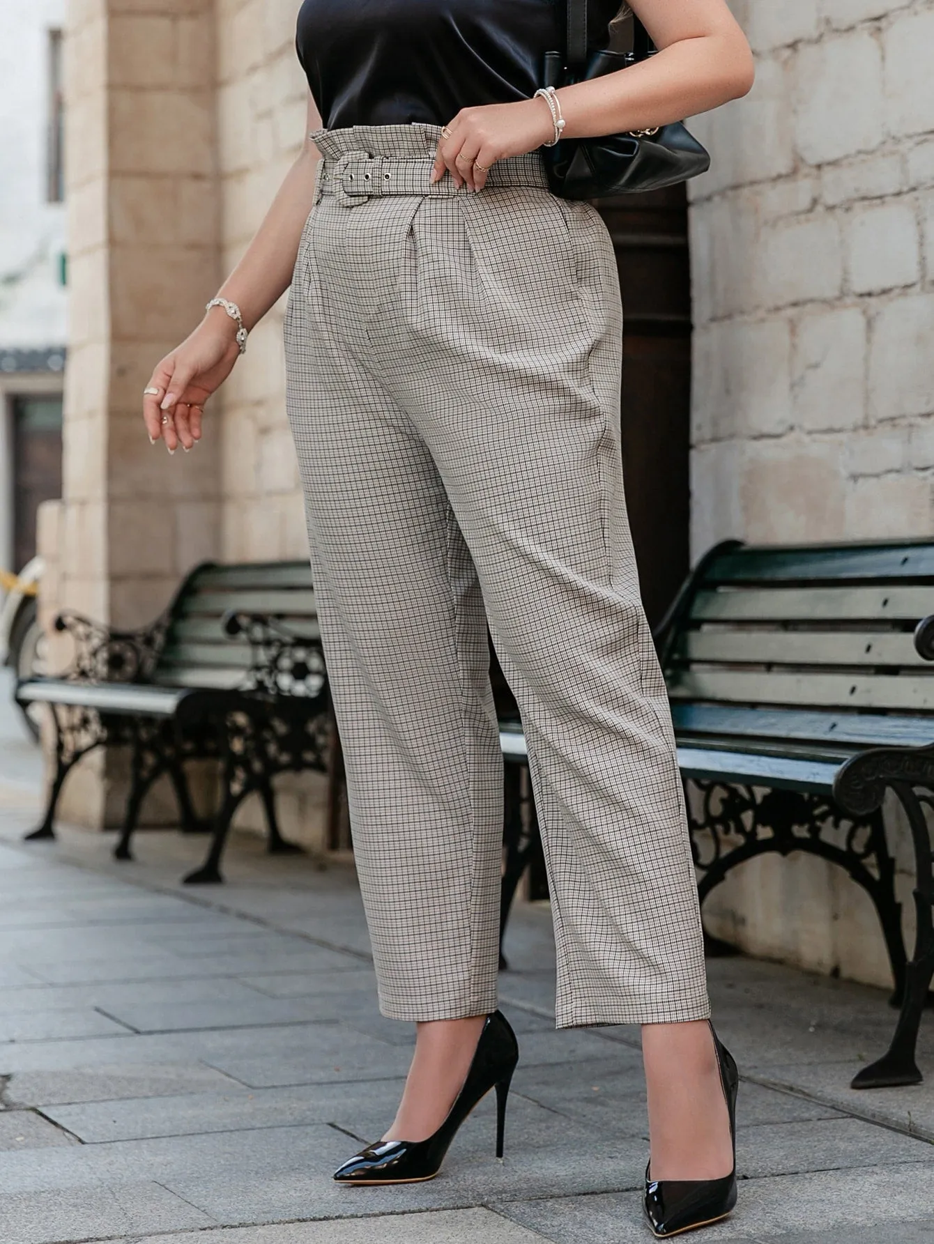 Plaid Paper Bag Waist Cropped Plus Size Pants