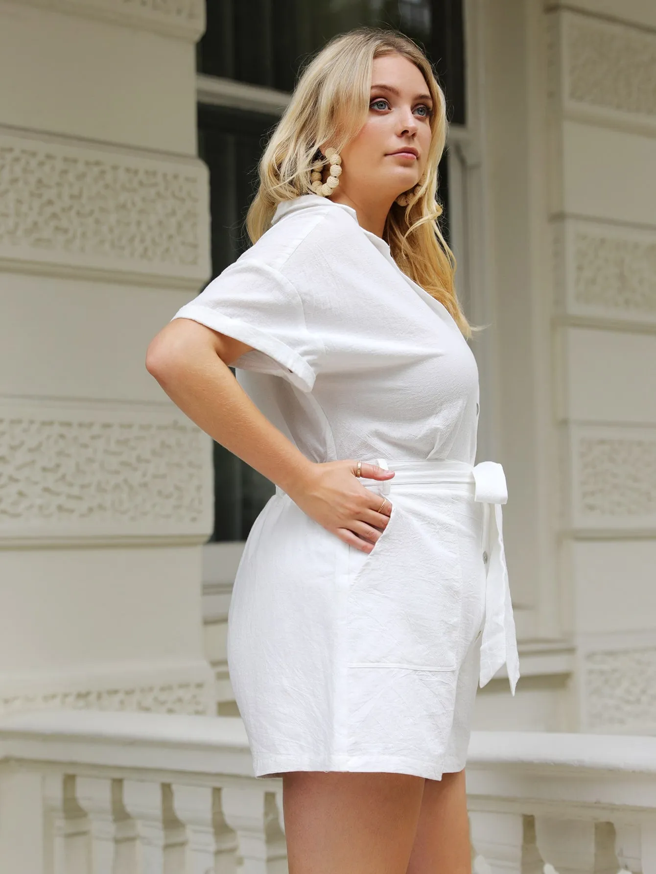 Plain Button Front Half Sleeve Collar Short Plus Size Jumpsuit