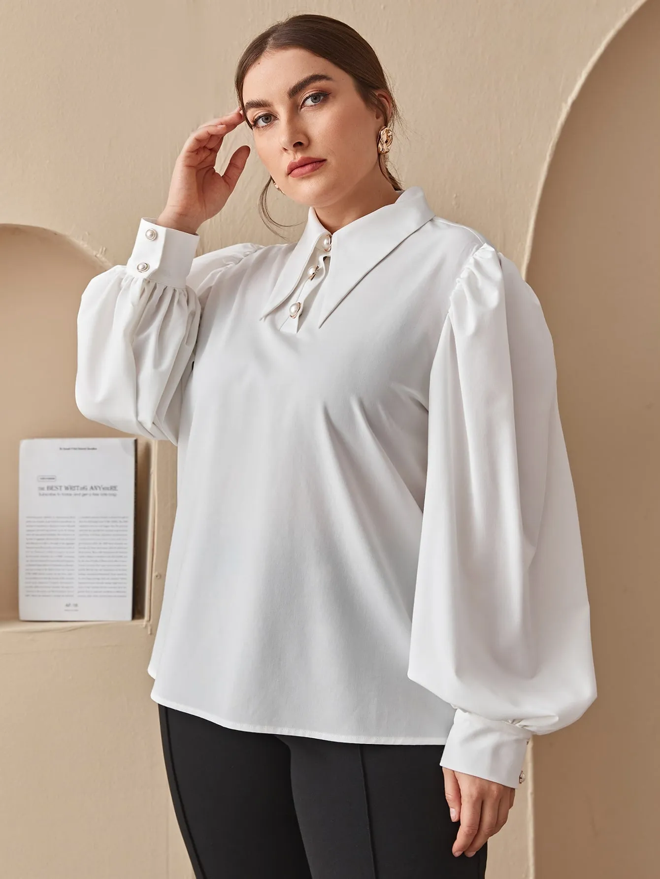 Plain Button Front Long Sleeve Collar Regular Plus Size Blouse