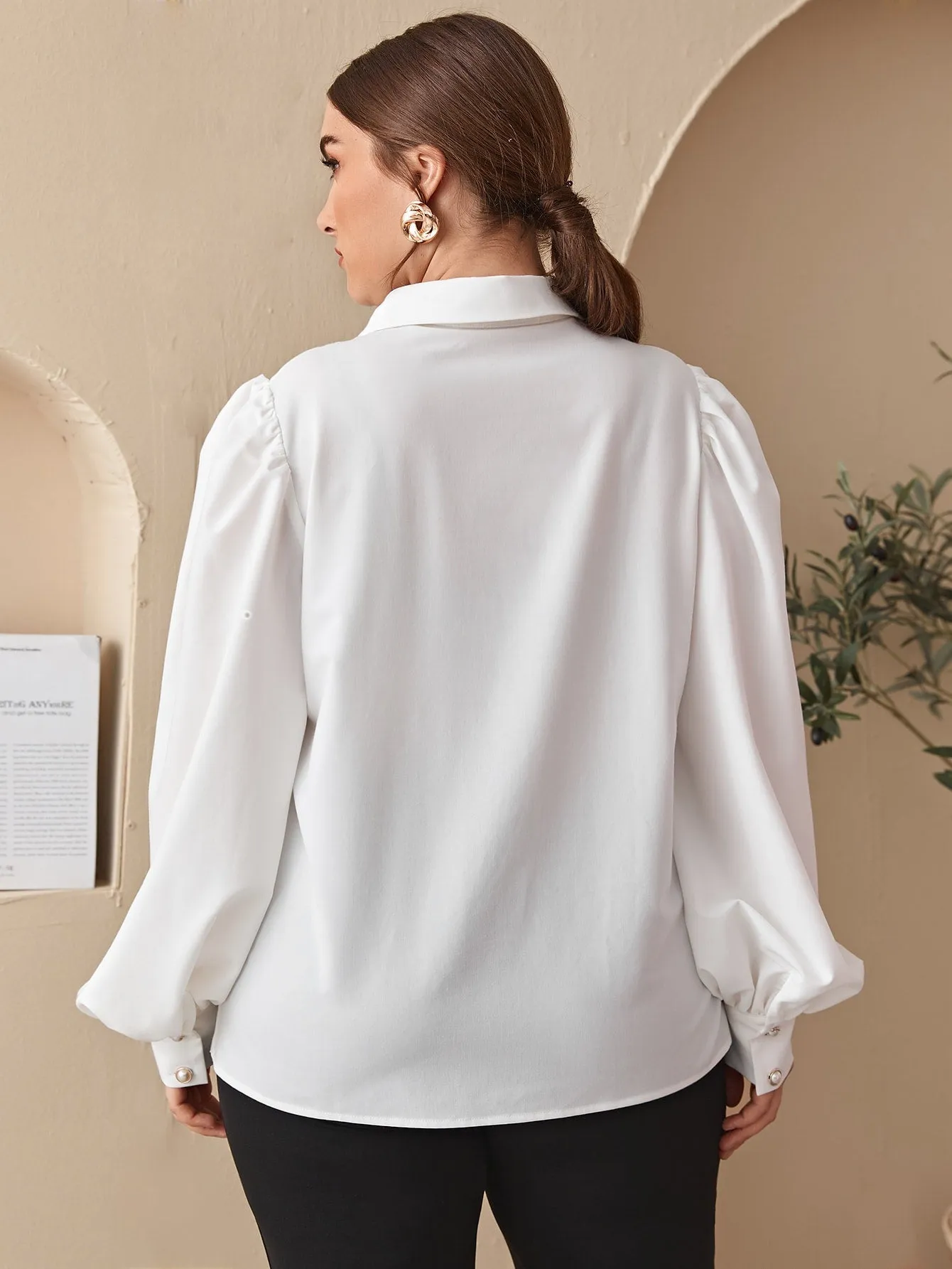 Plain Button Front Long Sleeve Collar Regular Plus Size Blouse