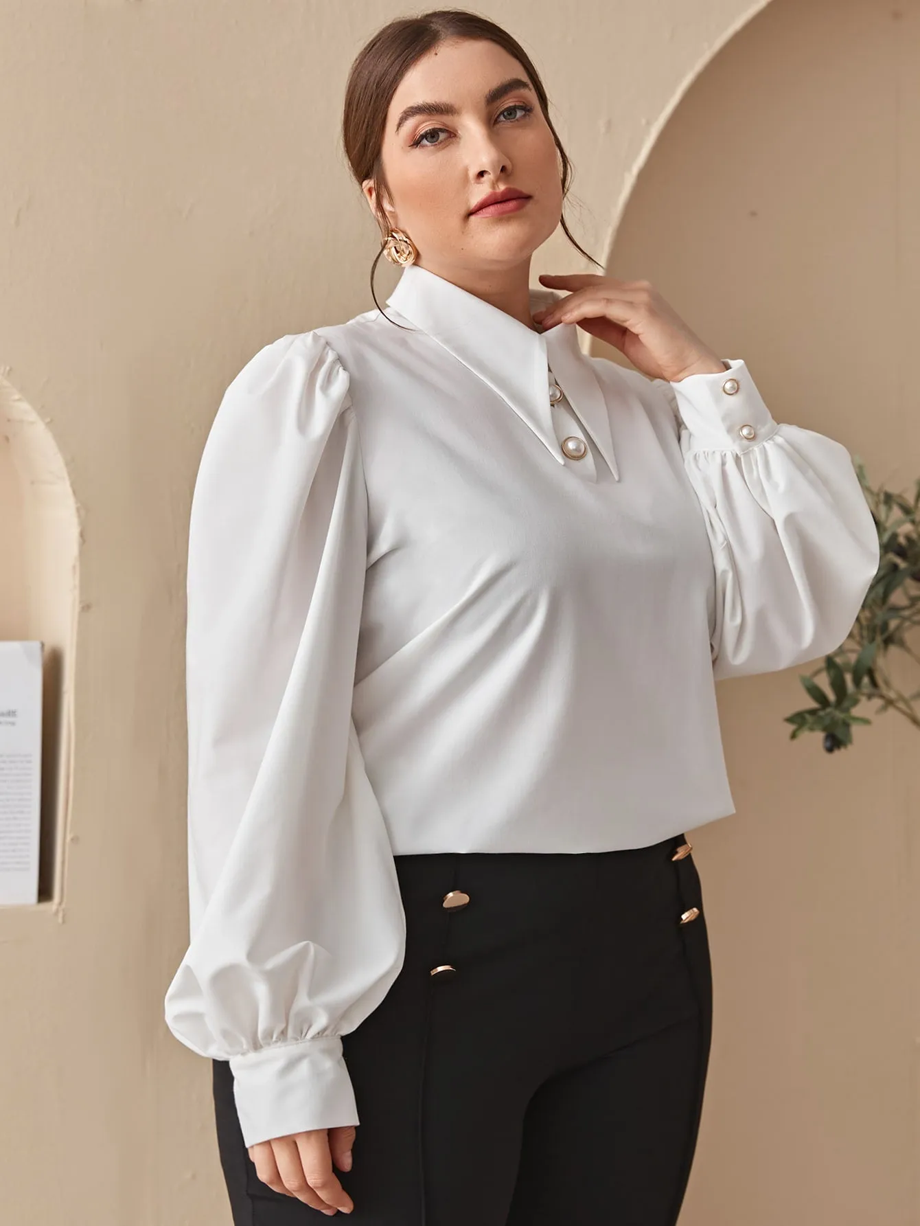 Plain Button Front Long Sleeve Collar Regular Plus Size Blouse
