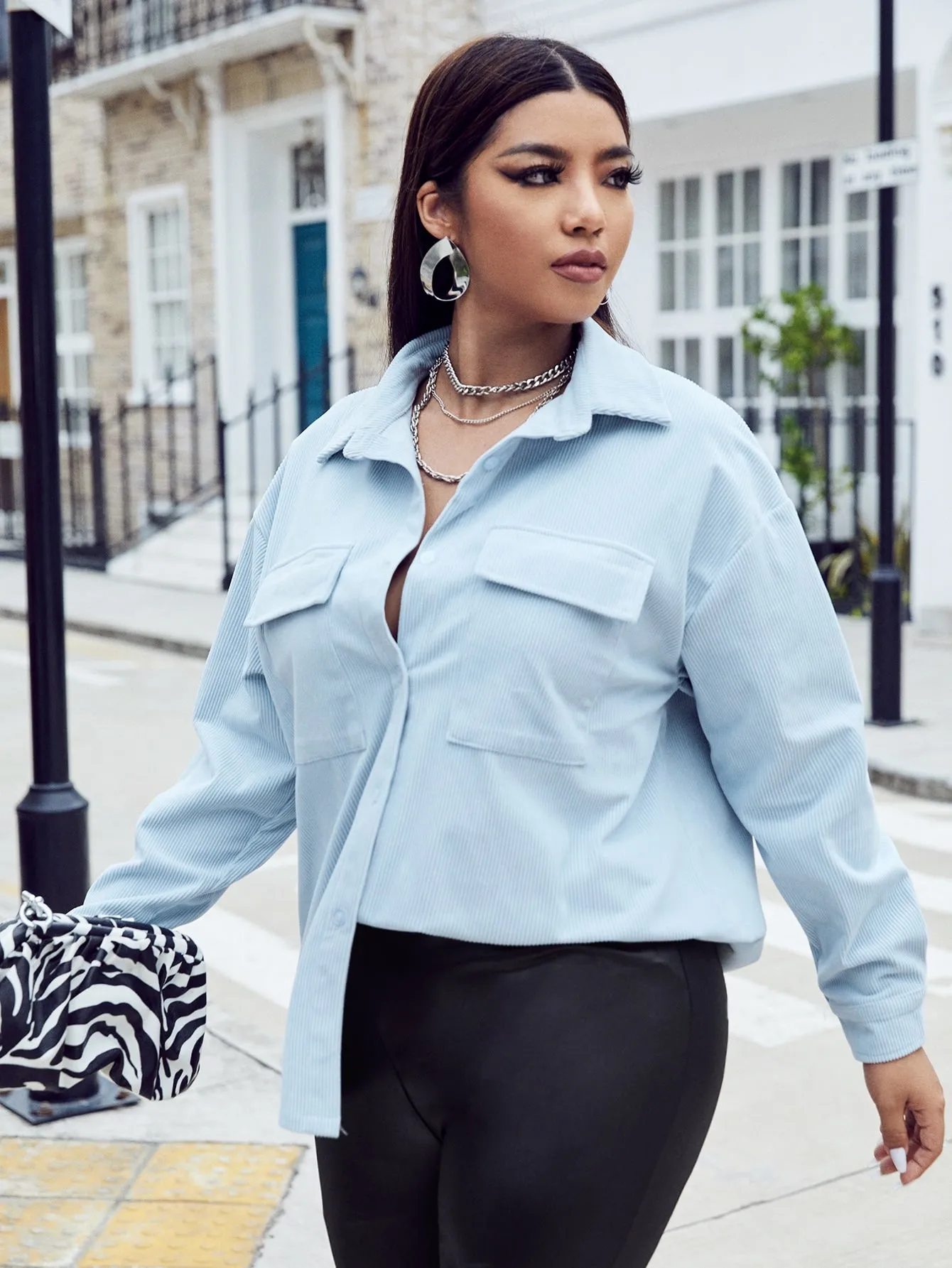 Plain Button Front Long Sleeve Collar Short Plus Size Coat
