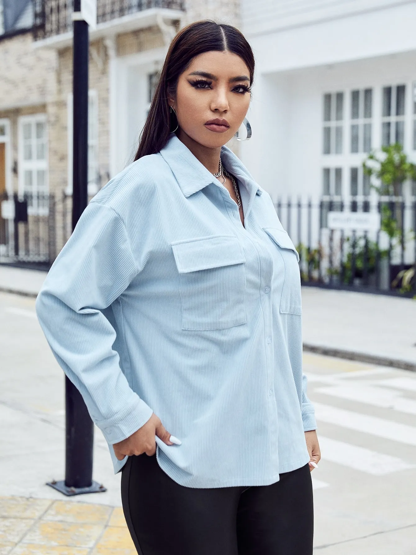 Plain Button Front Long Sleeve Collar Short Plus Size Coat