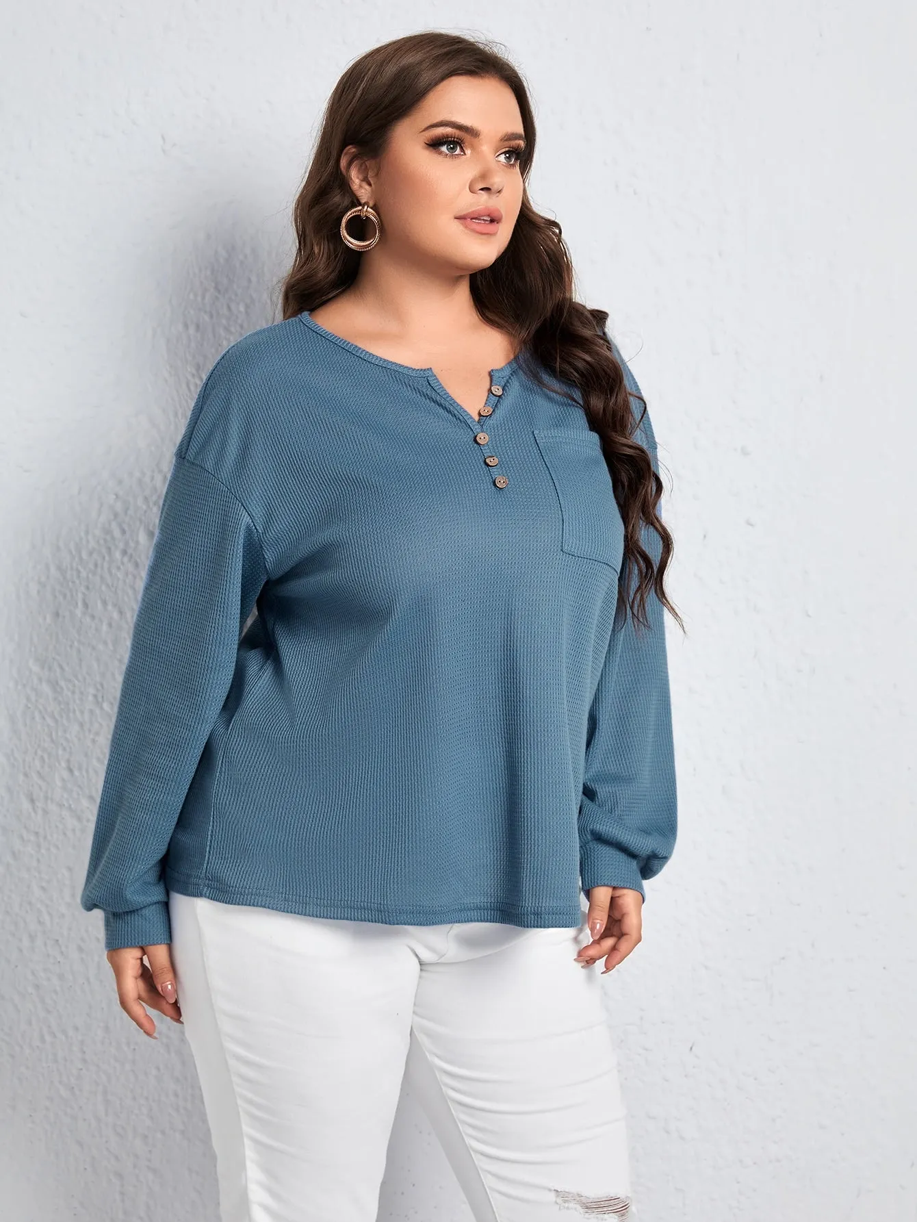 Plain Button Front Long Sleeve Notched Regular Plus Size T-Shirt