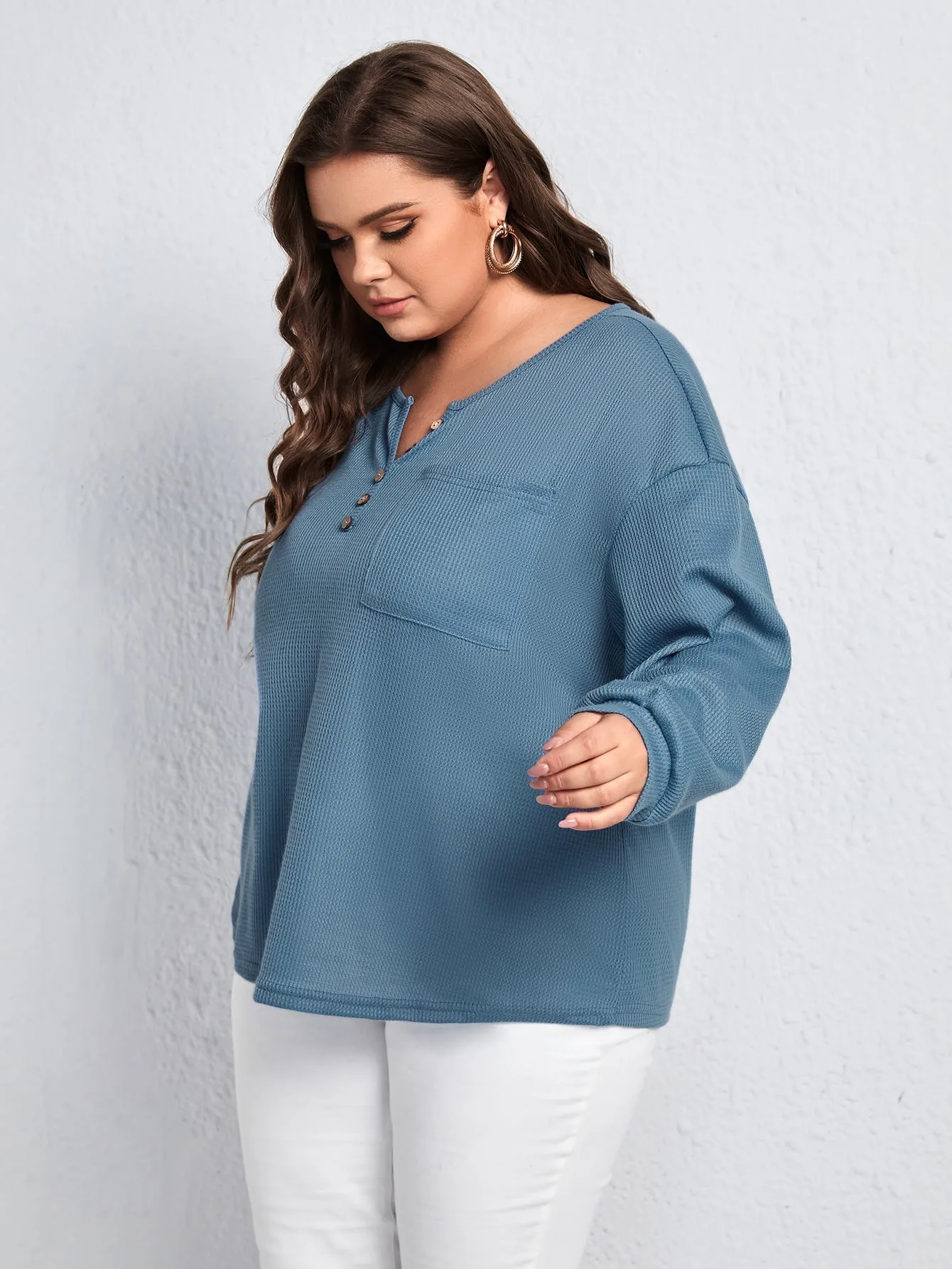 Plain Button Front Long Sleeve Notched Regular Plus Size T-Shirt