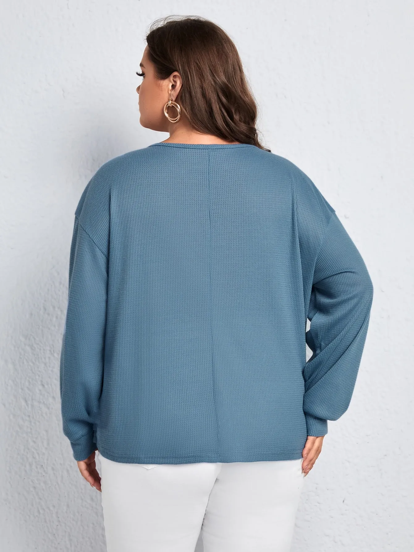 Plain Button Front Long Sleeve Notched Regular Plus Size T-Shirt