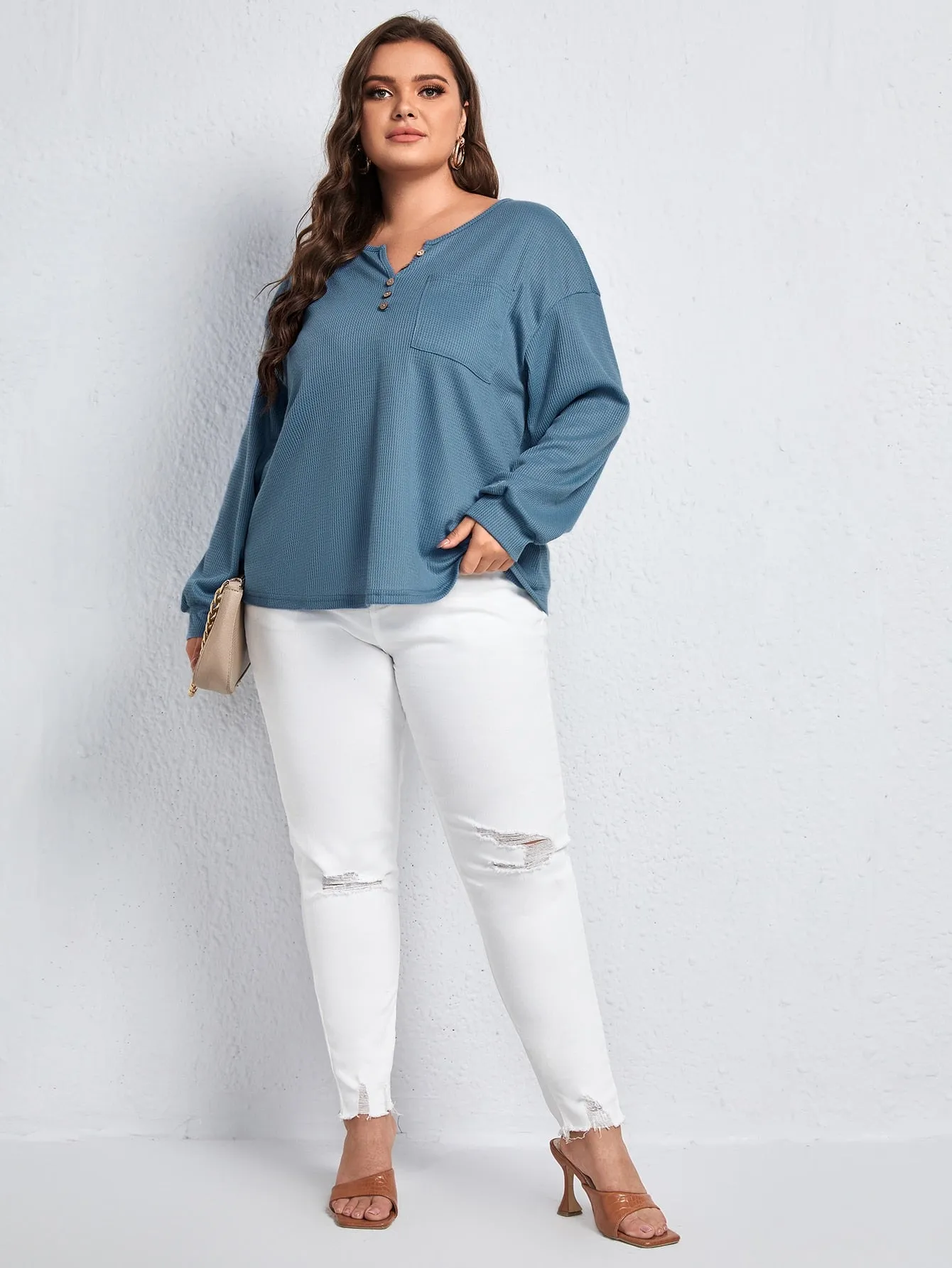 Plain Button Front Long Sleeve Notched Regular Plus Size T-Shirt