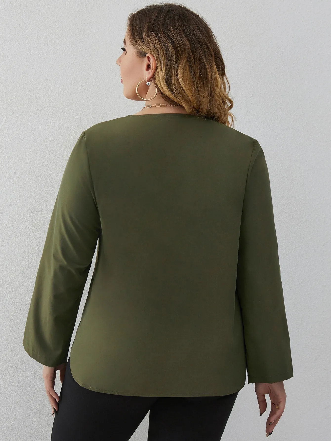 Plain Button Front Long Sleeve V Neck Regular Plus Size Blouse