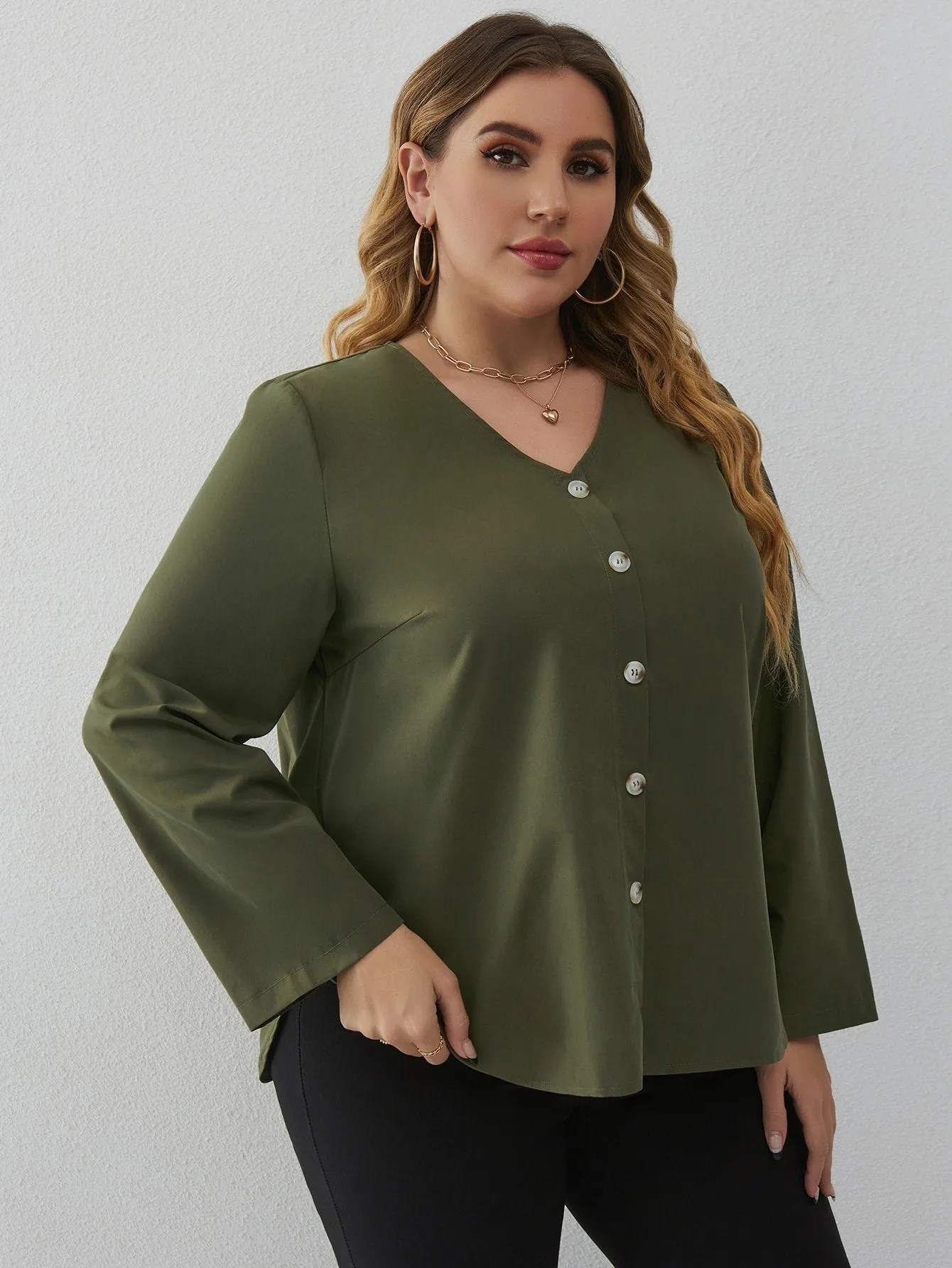 Plain Button Front Long Sleeve V Neck Regular Plus Size Blouse