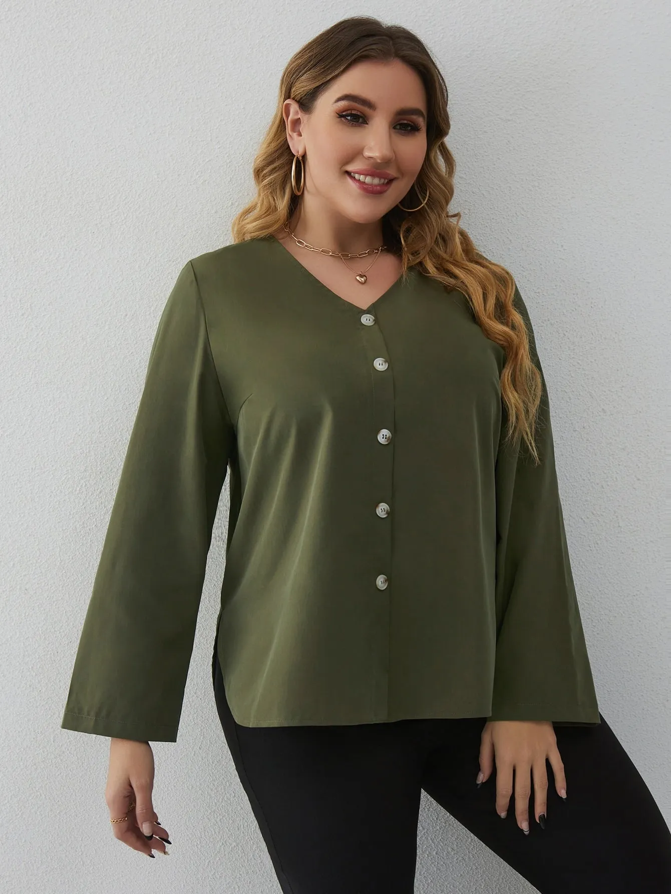 Plain Button Front Long Sleeve V Neck Regular Plus Size Blouse