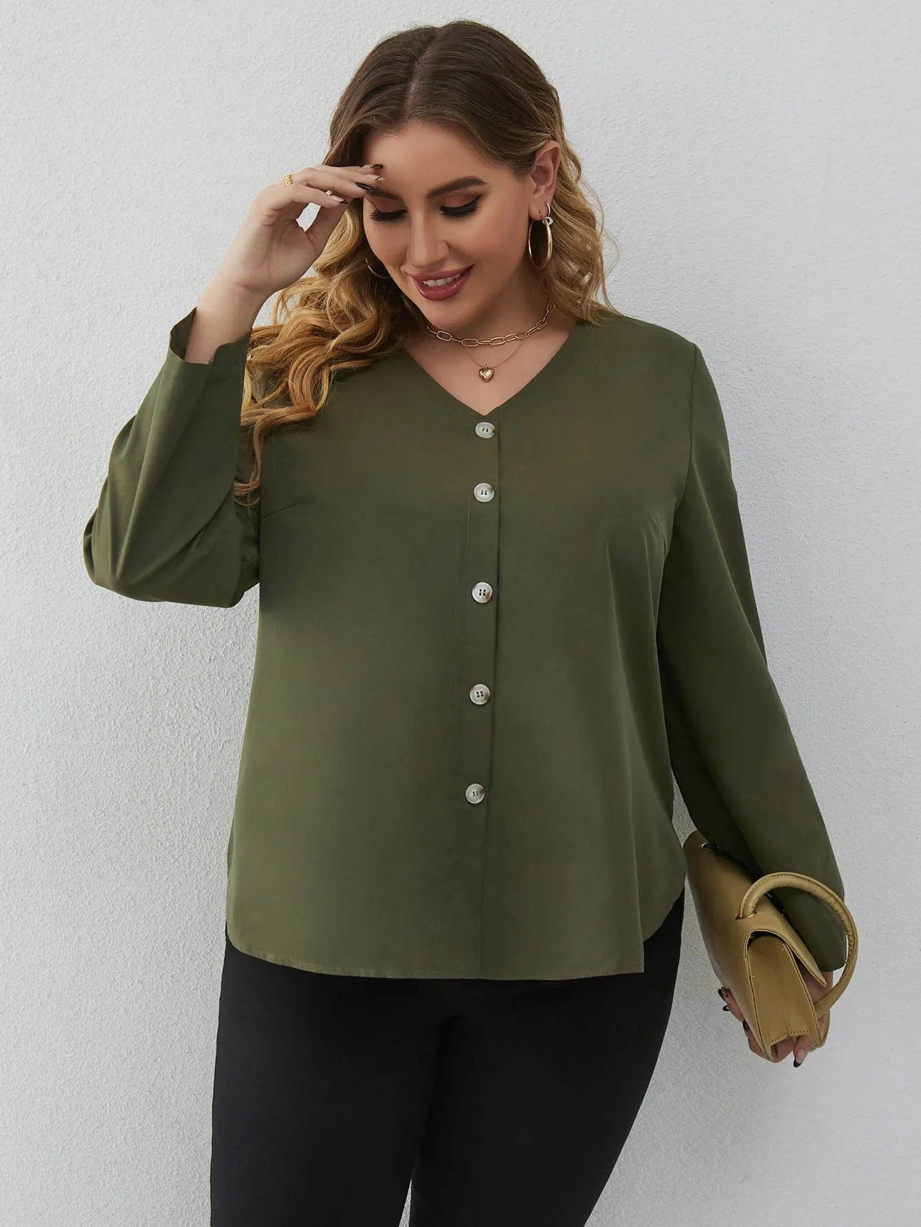 Plain Button Front Long Sleeve V Neck Regular Plus Size Blouse