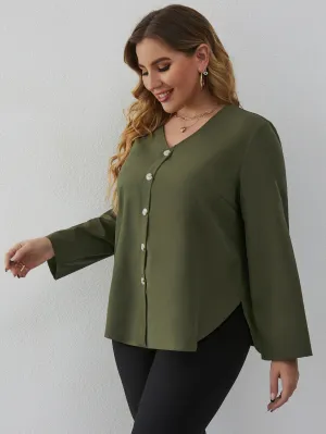 Plain Button Front Long Sleeve V Neck Regular Plus Size Blouse
