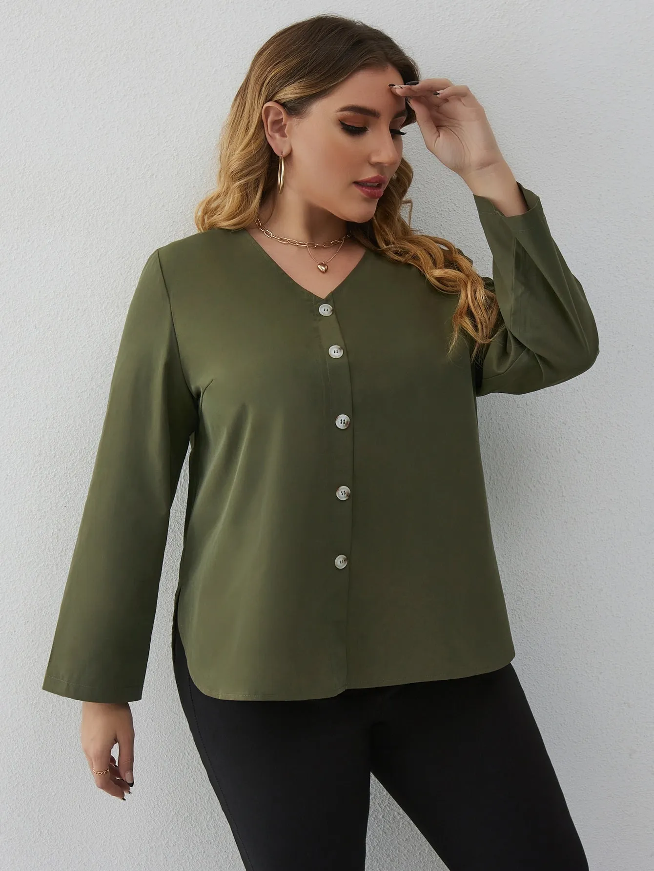 Plain Button Front Long Sleeve V Neck Regular Plus Size Blouse