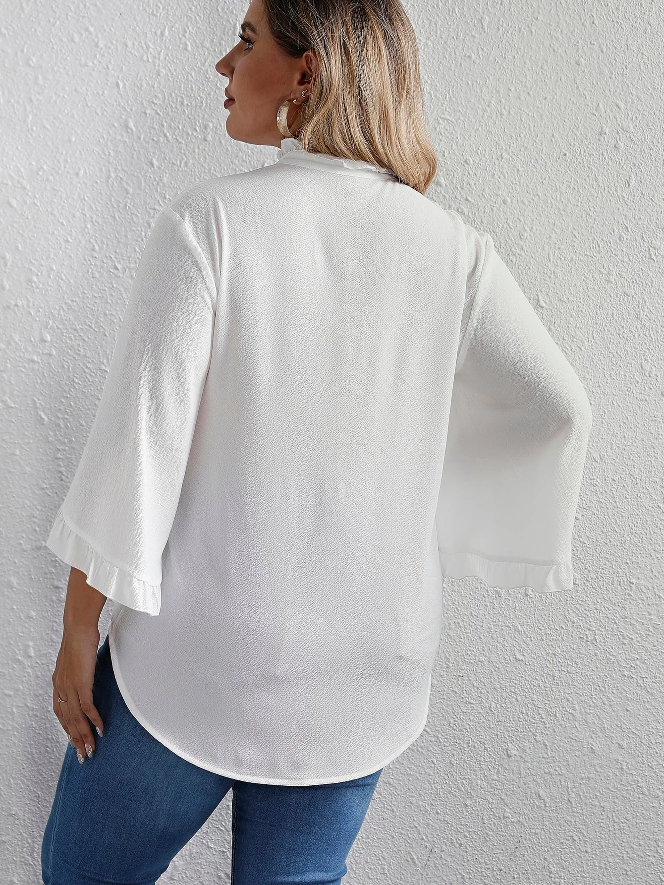 Plain Button Front Three Quarter Length Sleeve Stand Collar Semi-Sheer Regular Plus Size Blouse