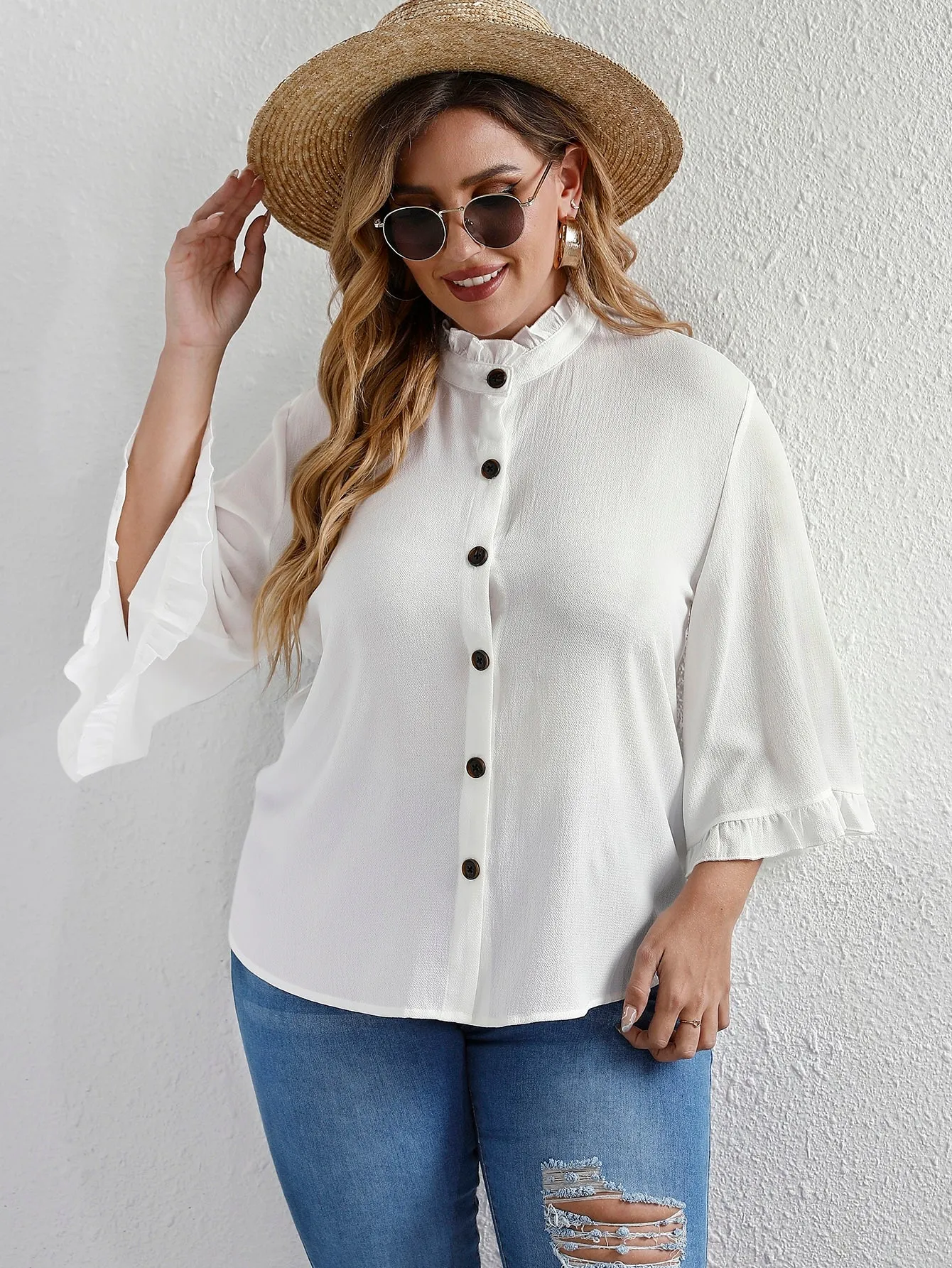 Plain Button Front Three Quarter Length Sleeve Stand Collar Semi-Sheer Regular Plus Size Blouse