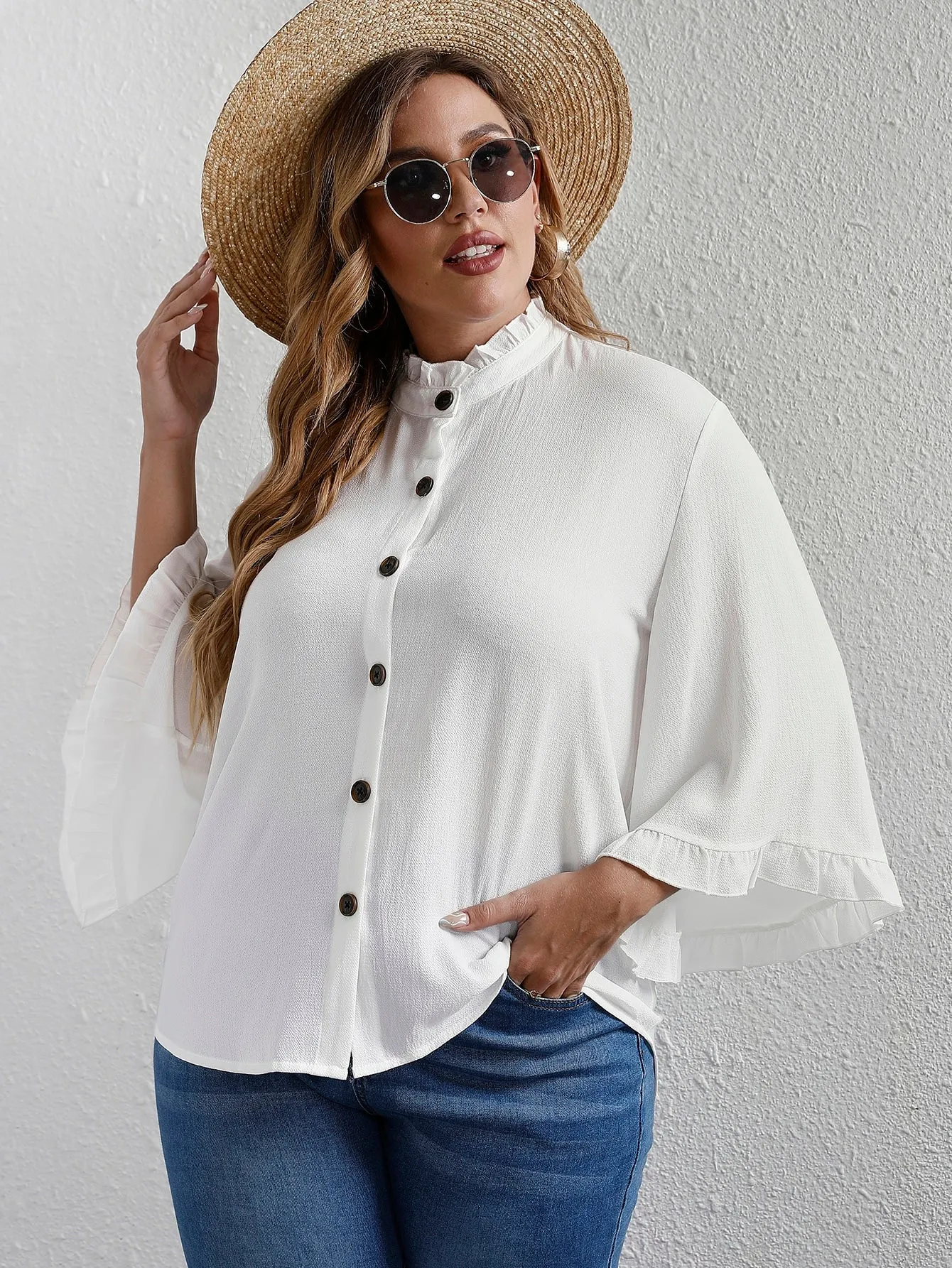 Plain Button Front Three Quarter Length Sleeve Stand Collar Semi-Sheer Regular Plus Size Blouse