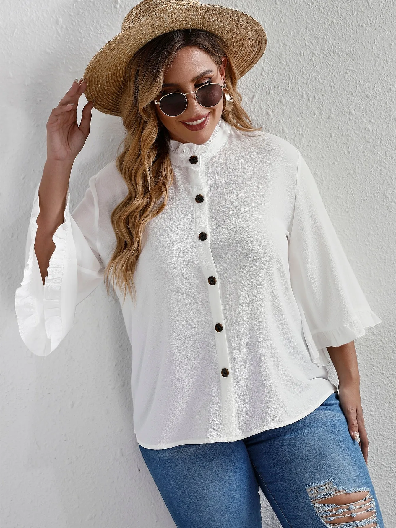 Plain Button Front Three Quarter Length Sleeve Stand Collar Semi-Sheer Regular Plus Size Blouse