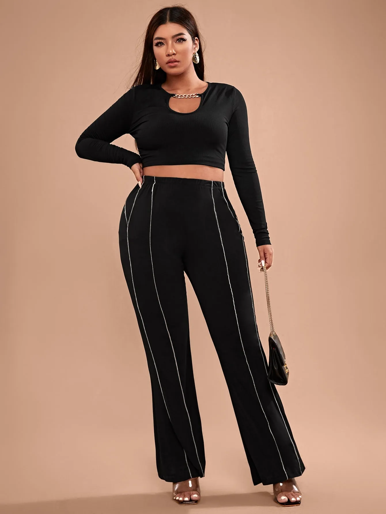 Plain Contrast Binding Long Plus Size Pants