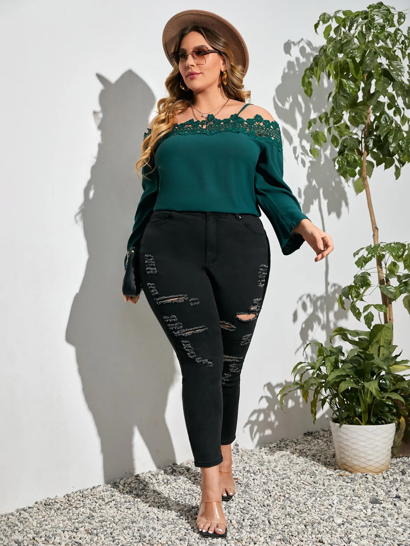 Plain Contrast Lace Long Sleeve Cold Shoulder Regular Plus Size Blouse