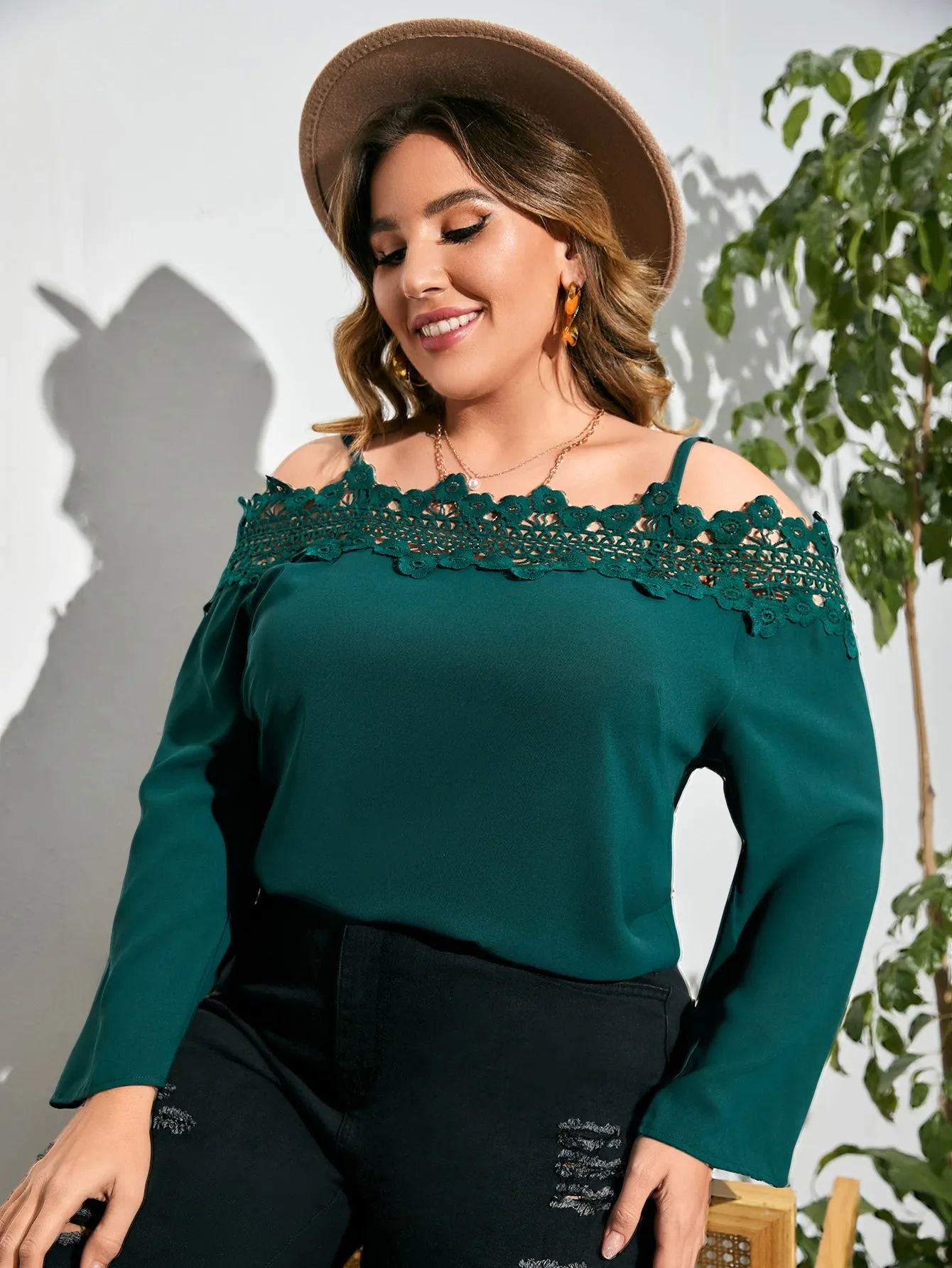Plain Contrast Lace Long Sleeve Cold Shoulder Regular Plus Size Blouse