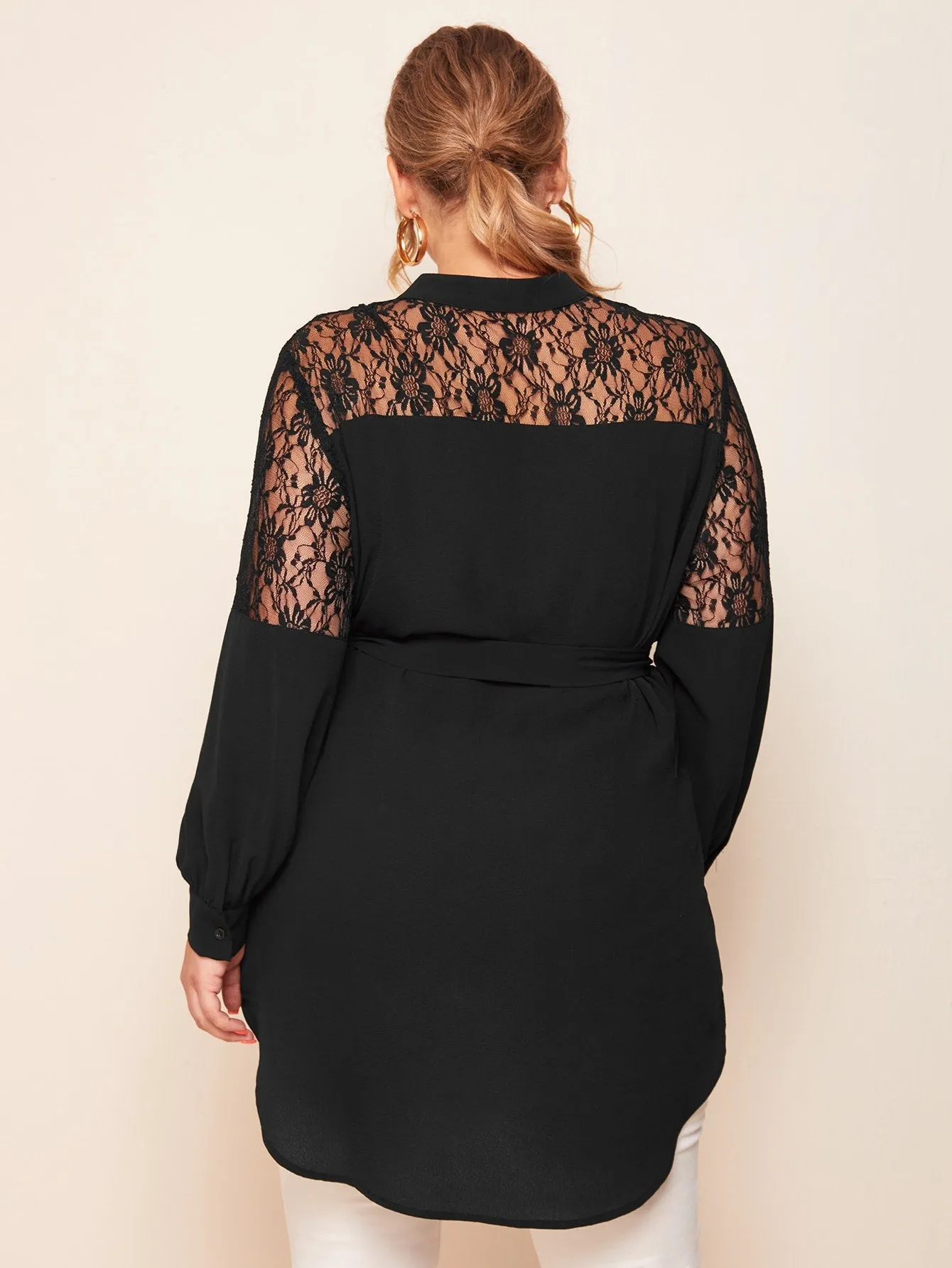 Plain Contrast Lace Long Sleeve Stand Collar Long Plus Size Blouse
