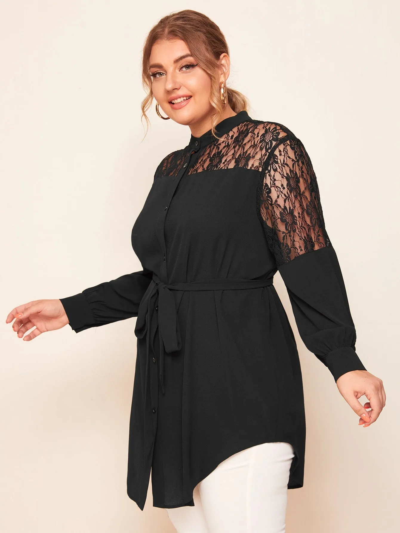 Plain Contrast Lace Long Sleeve Stand Collar Long Plus Size Blouse
