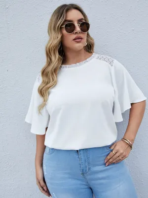Plain Contrast Lace Short Sleeve Round Neck Semi-Sheer Regular Plus Size Blouse